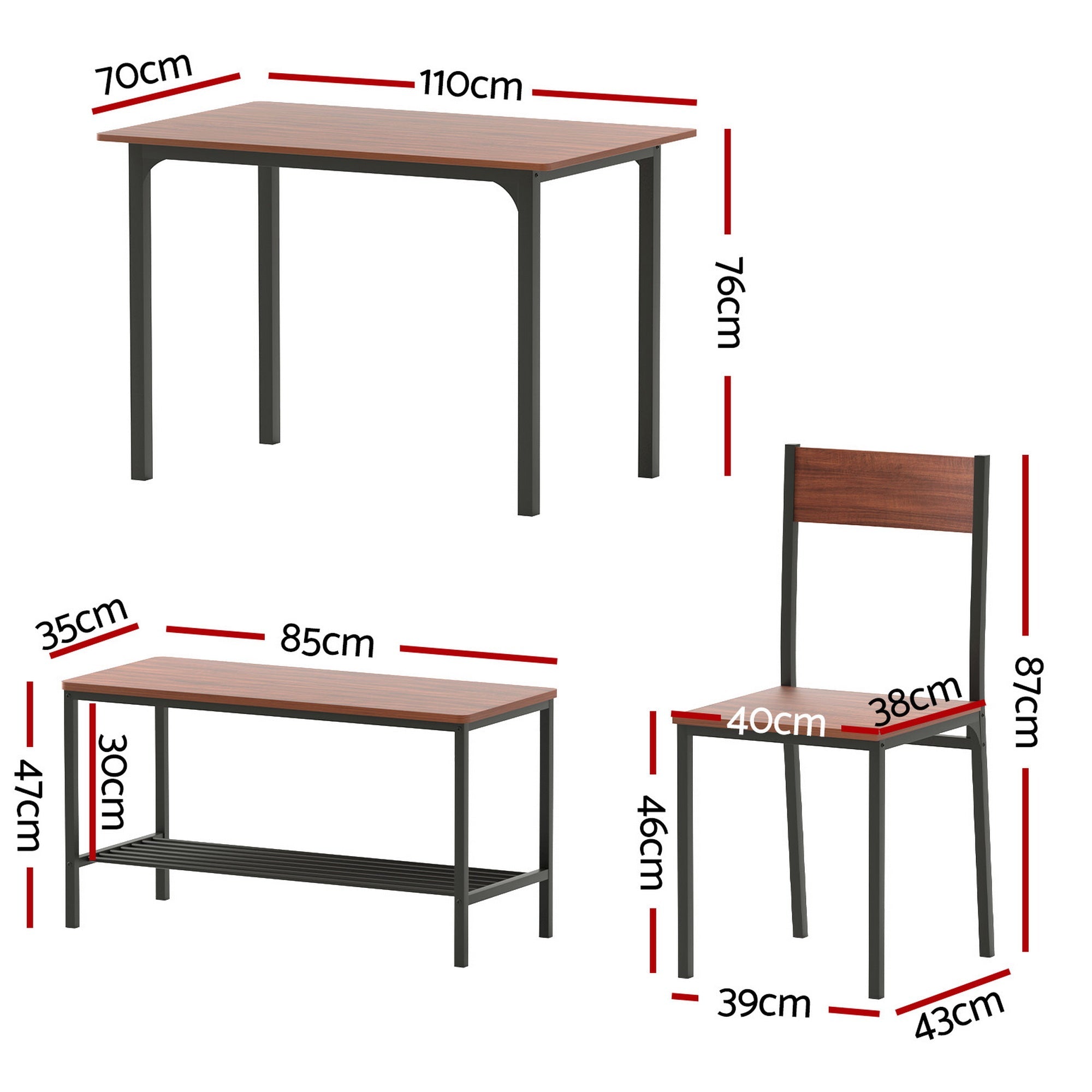 Dining Table and Chairs Set of 4 Storage Bench Kitchen Furniture Walnut - Furniture > Dining > Dining Set - Rivercity House & Home Co. (ABN 18 642 972 209) - Affordable Modern Furniture Australia