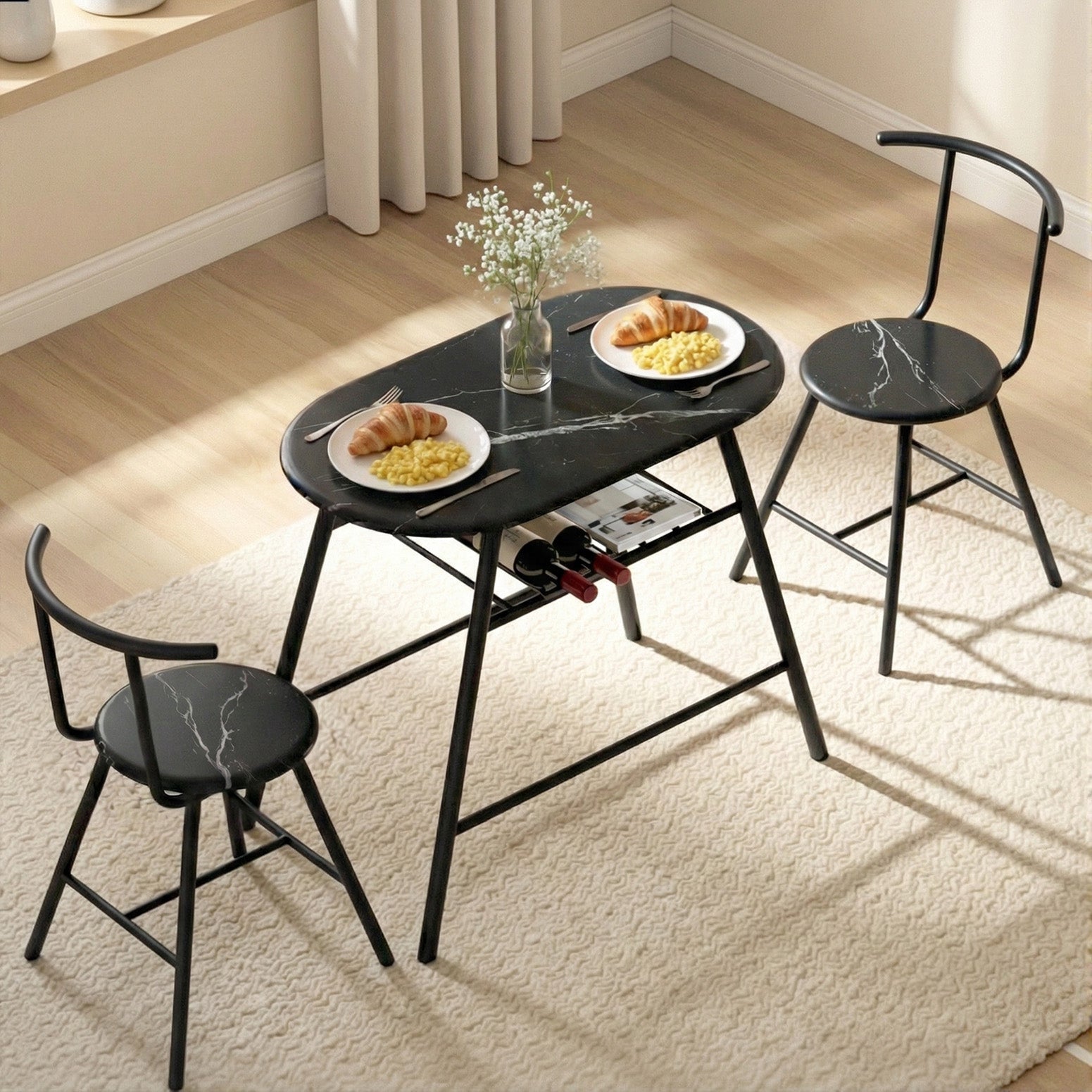 Dining Table Set 3PC Bistro Kitchen Storage Wine Rack Black Marble Style - Furniture > Dining > Dining Set - Rivercity House & Home Co. (ABN 18 642 972 209) - Affordable Modern Furniture Australia
