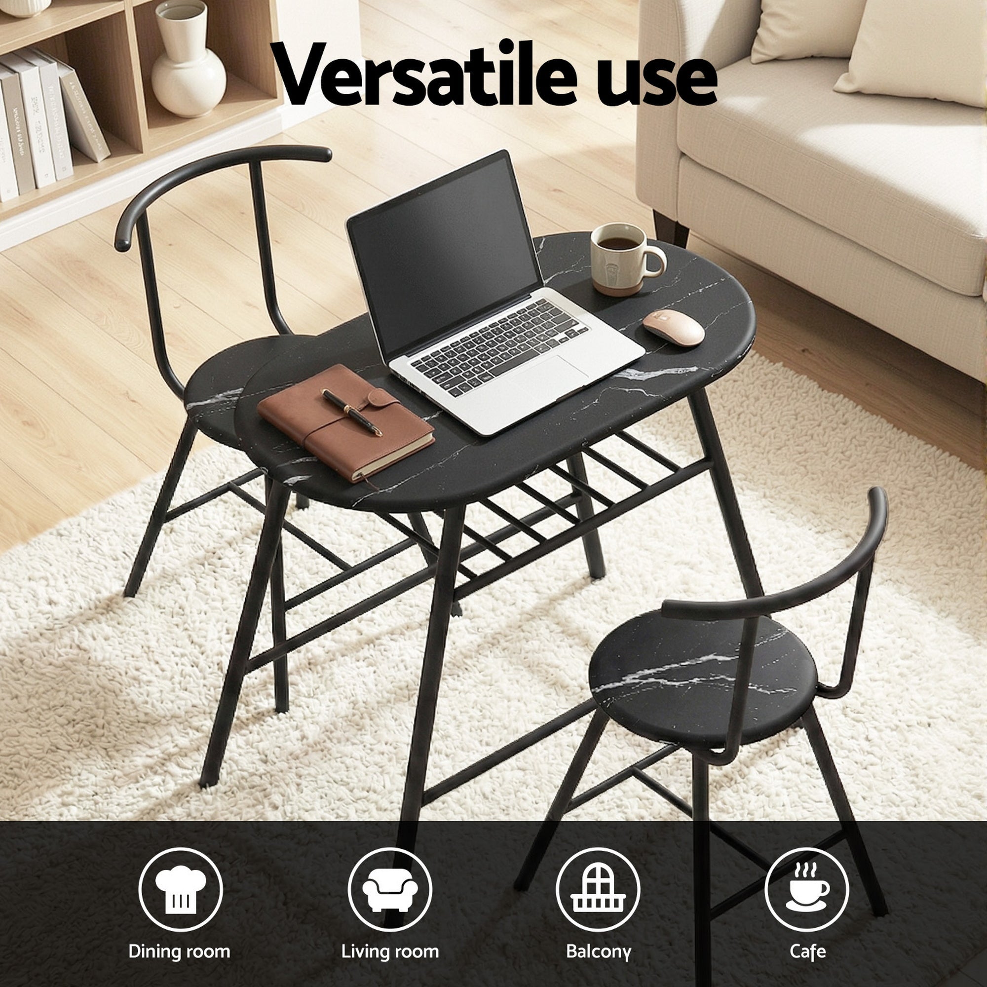 Dining Table Set 3PC Bistro Kitchen Storage Wine Rack Black Marble Style - Furniture > Dining > Dining Set - Rivercity House & Home Co. (ABN 18 642 972 209) - Affordable Modern Furniture Australia