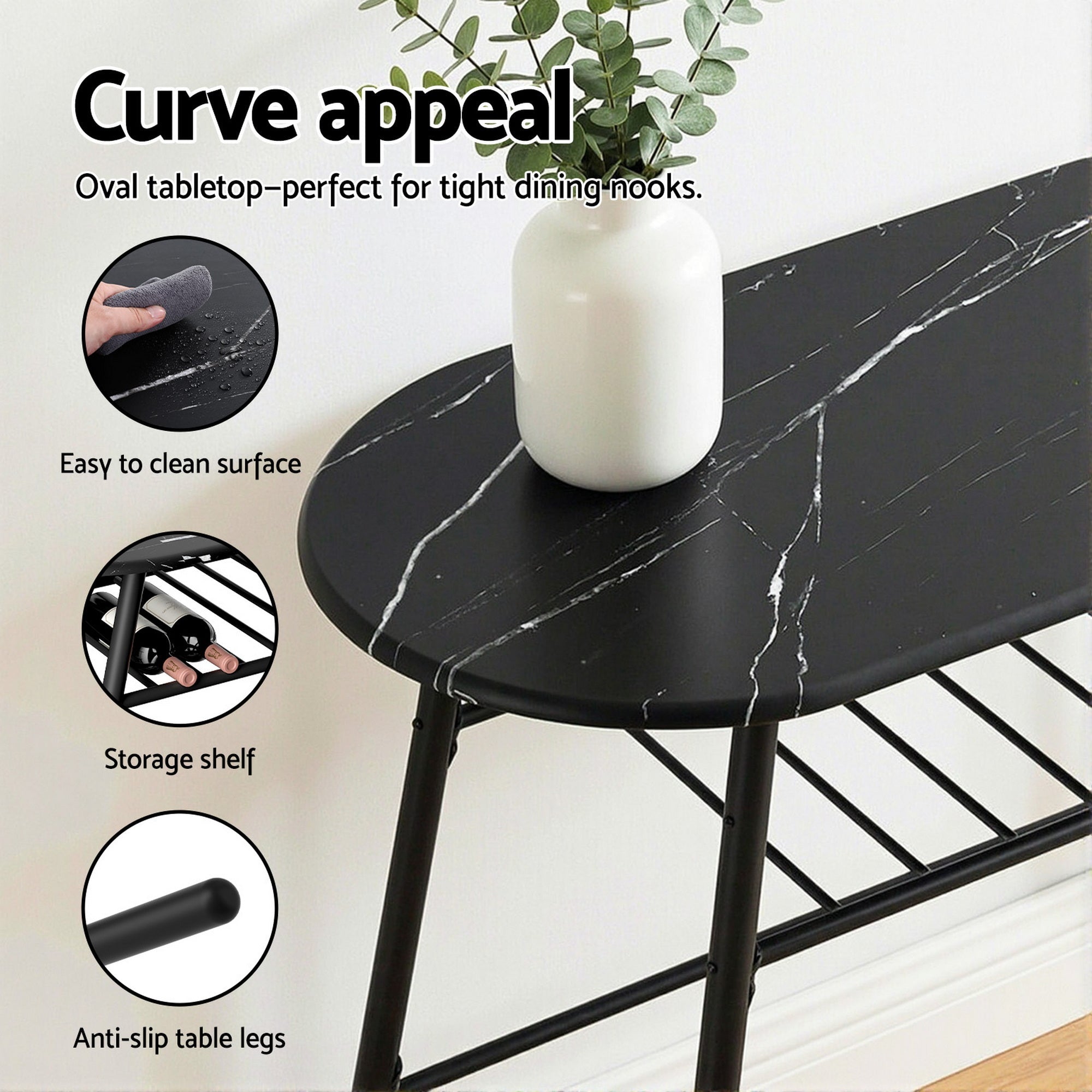 Dining Table Set 3PC Bistro Kitchen Storage Wine Rack Black Marble Style - Furniture > Dining > Dining Set - Rivercity House & Home Co. (ABN 18 642 972 209) - Affordable Modern Furniture Australia