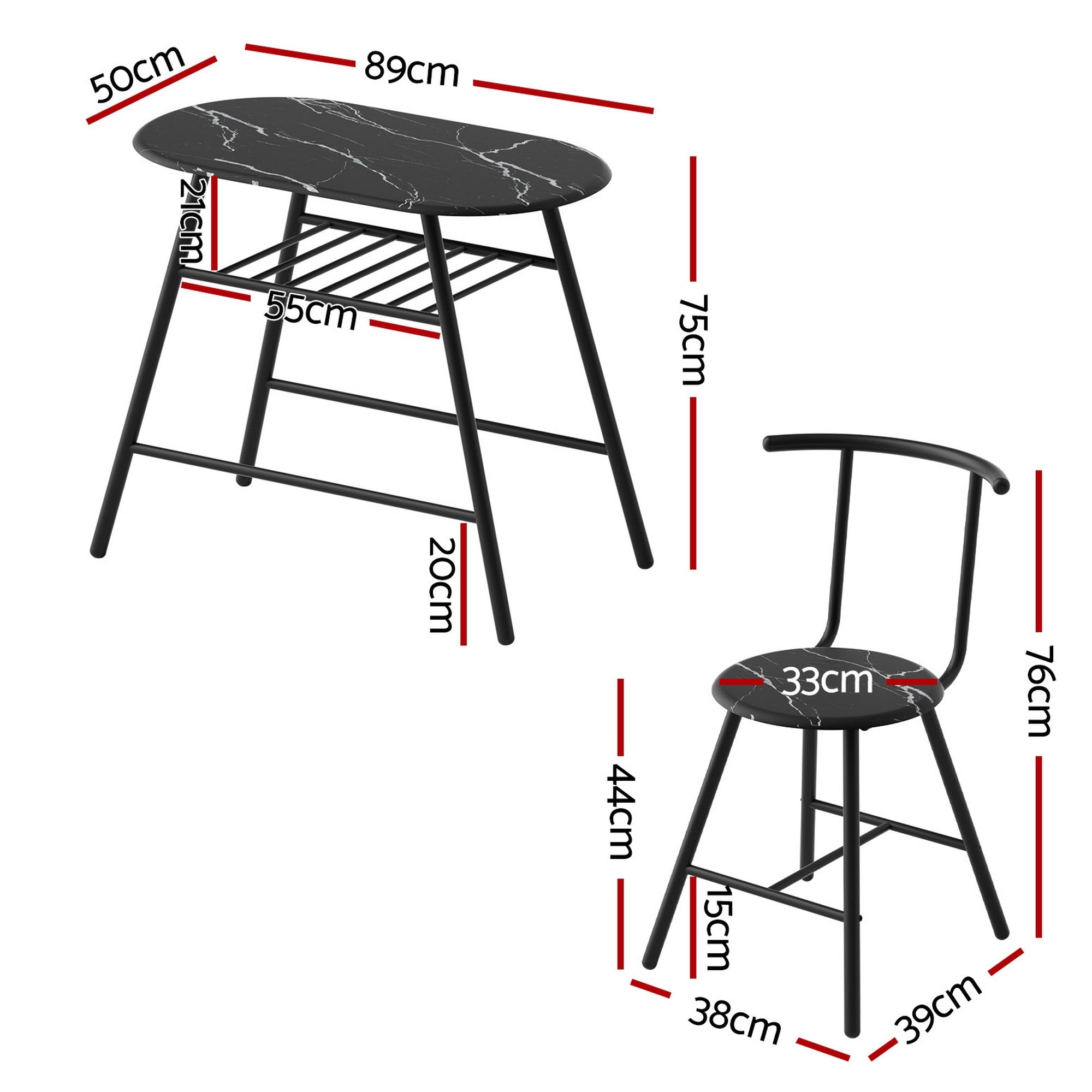 Dining Table Set 3PC Bistro Kitchen Storage Wine Rack Black Marble Style - Furniture > Dining > Dining Set - Rivercity House & Home Co. (ABN 18 642 972 209) - Affordable Modern Furniture Australia