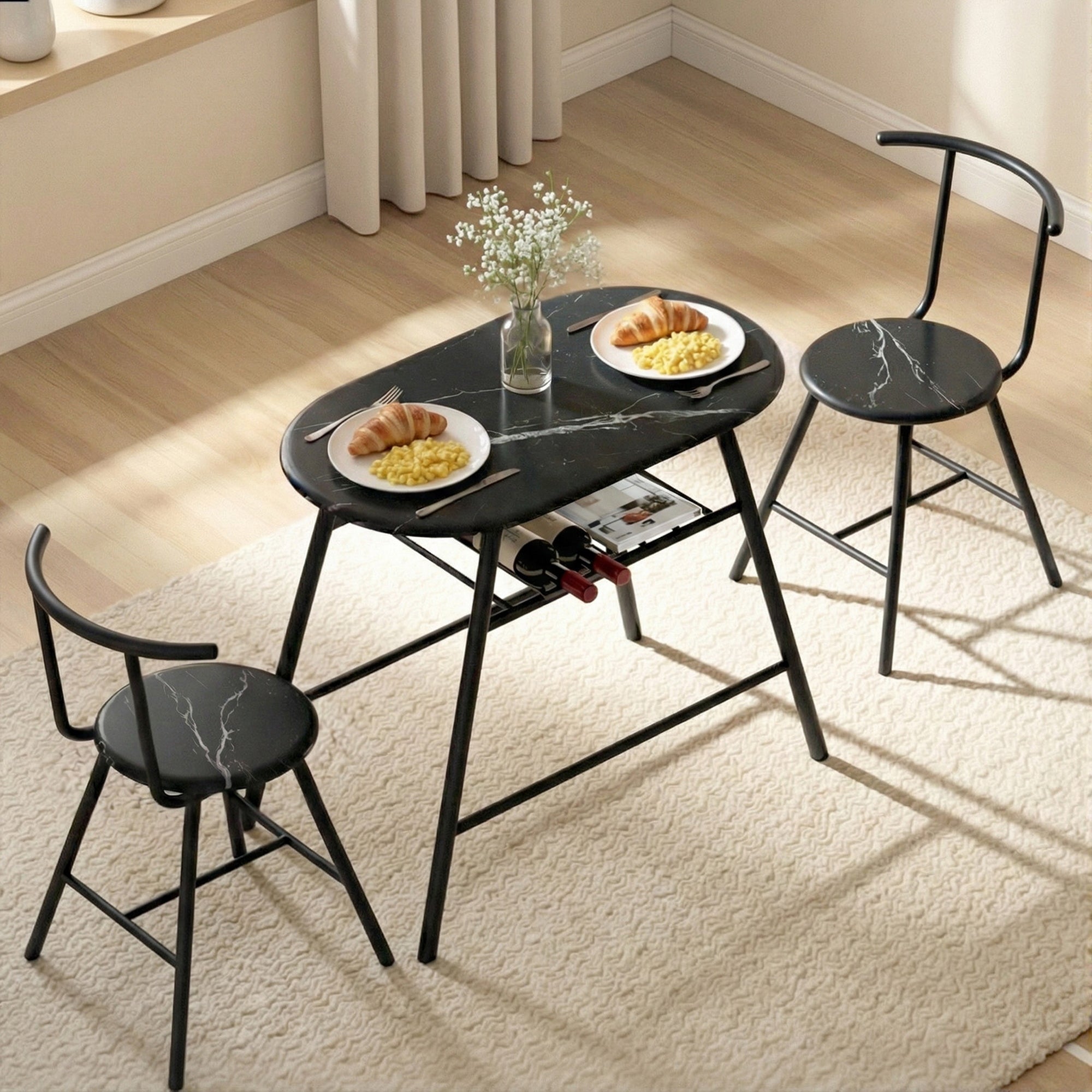 Dining Table Set 3PC Bistro Kitchen Storage Wine Rack Black Marble Style - Furniture > Dining > Dining Set - Rivercity House & Home Co. (ABN 18 642 972 209) - Affordable Modern Furniture Australia
