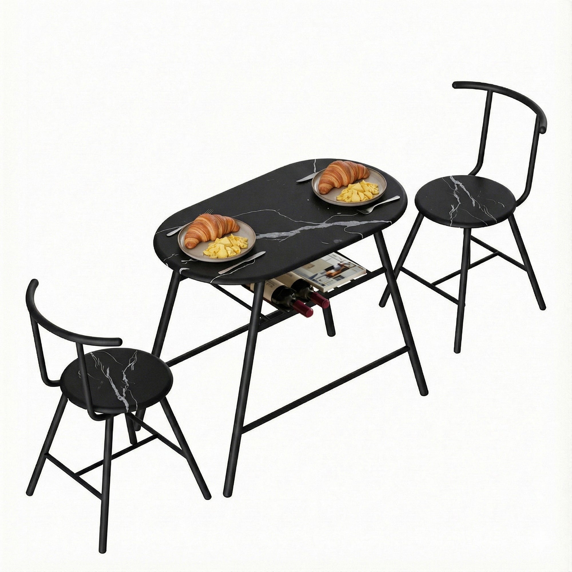 Dining Table Set 3PC Bistro Kitchen Storage Wine Rack Black Marble Style - Furniture > Dining > Dining Set - Rivercity House & Home Co. (ABN 18 642 972 209) - Affordable Modern Furniture Australia