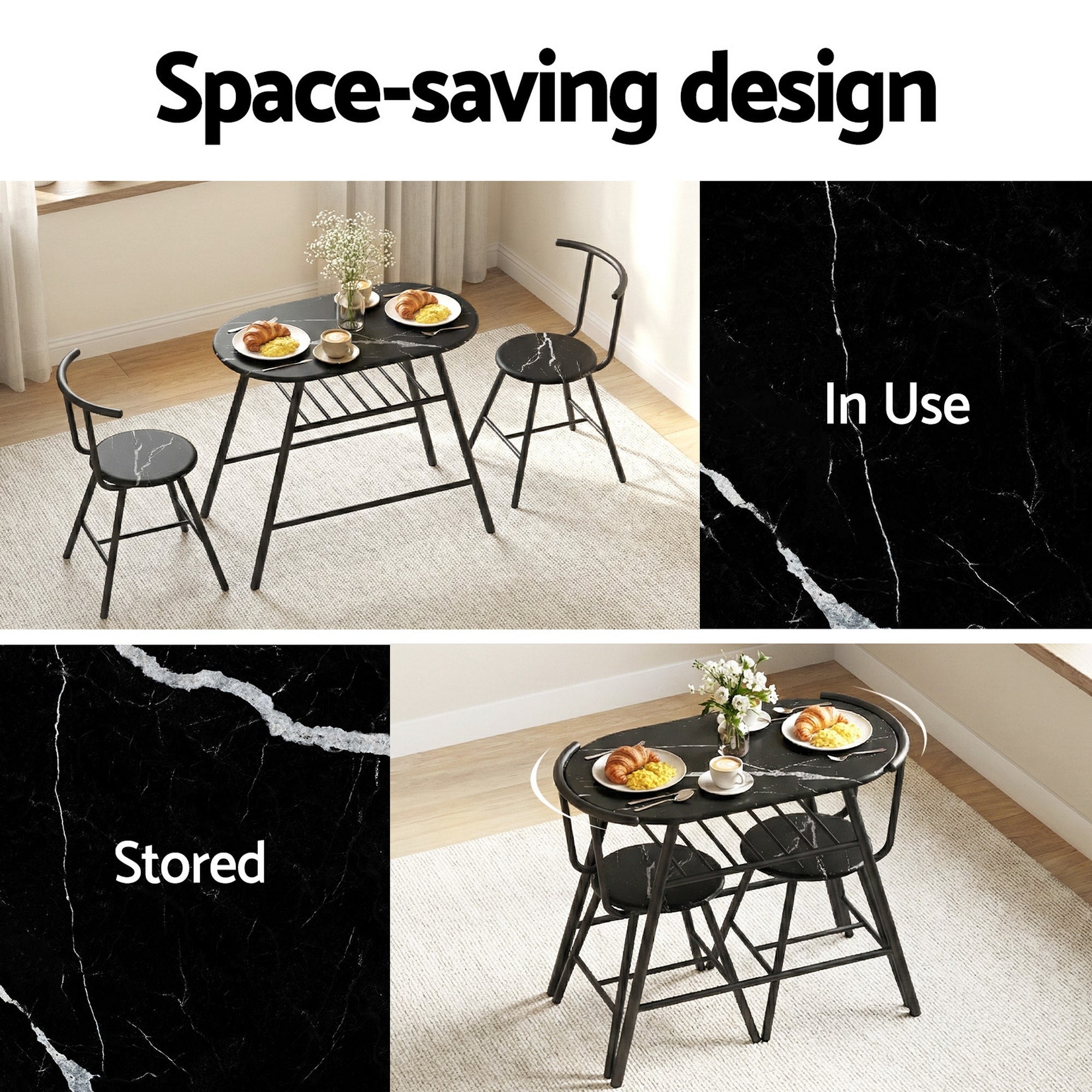 Dining Table Set 3PC Bistro Kitchen Storage Wine Rack Black Marble Style - Furniture > Dining > Dining Set - Rivercity House & Home Co. (ABN 18 642 972 209) - Affordable Modern Furniture Australia