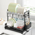 2-Tier Dish Drying Rack with Drainboard, Drain Spout, Utensil Holder and Cutting Board Slot - Black