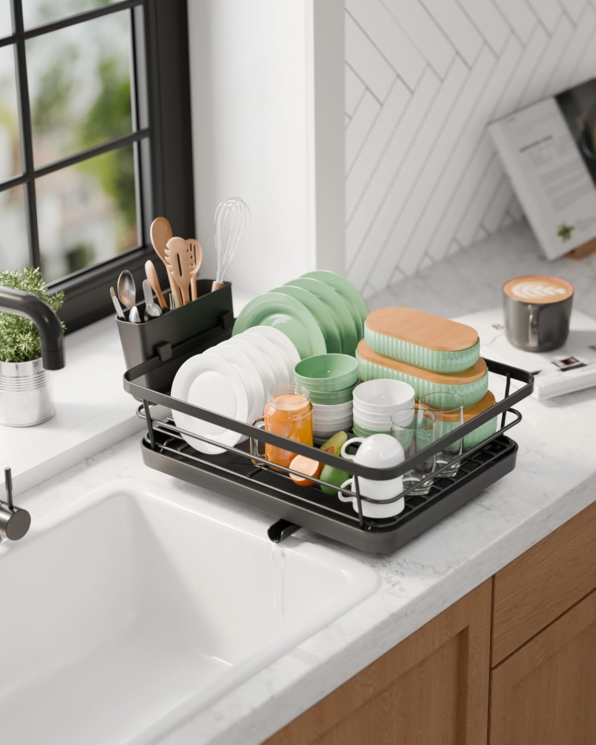 Dish Drying Rack for Kitchen Counter with Removable Drip Tray, Utensil Holder & Cutlery Organiser - Black - Home & Garden > Kitchenware > Dish Racks - Rivercity House & Home Co. (ABN 18 642 972 209) - Affordable Modern Furniture Australia