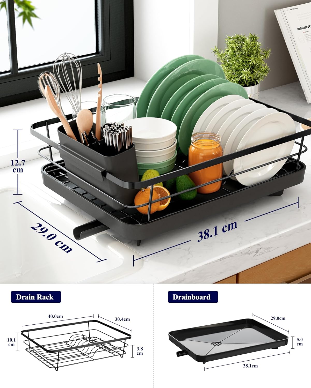 Dish Drying Rack for Kitchen Counter with Removable Drip Tray, Utensil Holder & Cutlery Organiser - Black - Home & Garden > Kitchenware > Dish Racks - Rivercity House & Home Co. (ABN 18 642 972 209) - Affordable Modern Furniture Australia