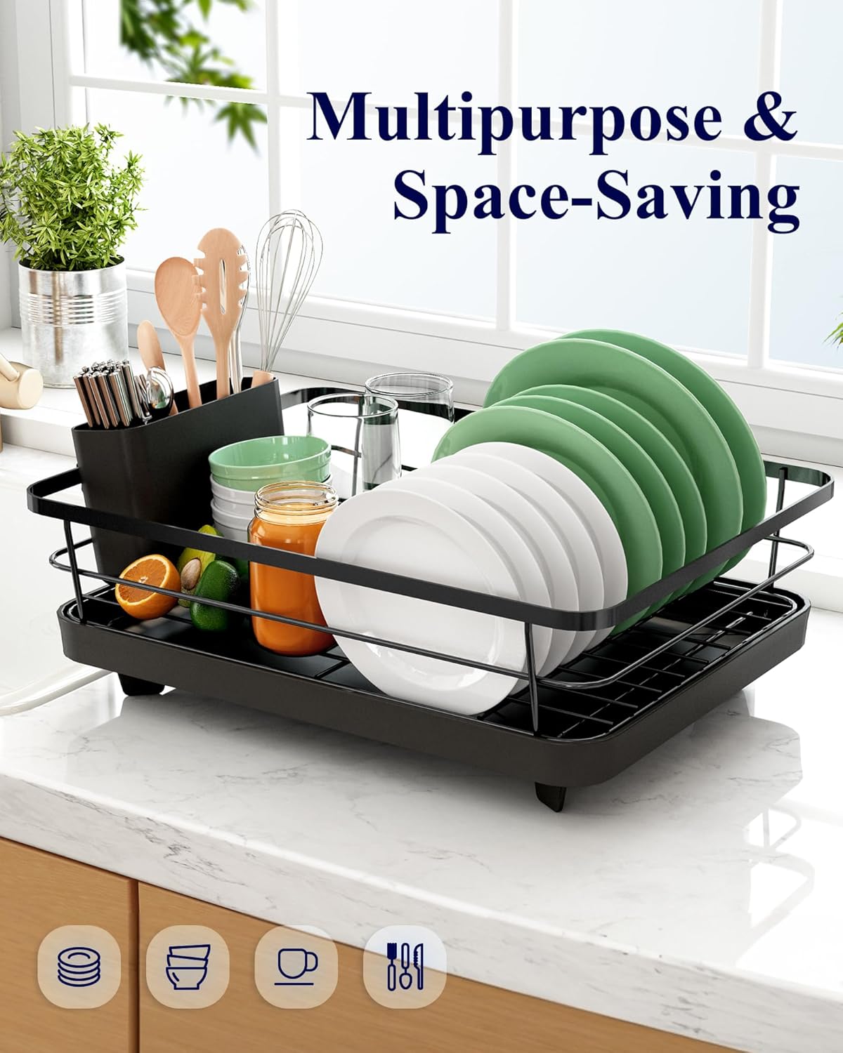 Dish Drying Rack for Kitchen Counter with Removable Drip Tray, Utensil Holder & Cutlery Organiser - Black - Home & Garden > Kitchenware > Dish Racks - Rivercity House & Home Co. (ABN 18 642 972 209) - Affordable Modern Furniture Australia
