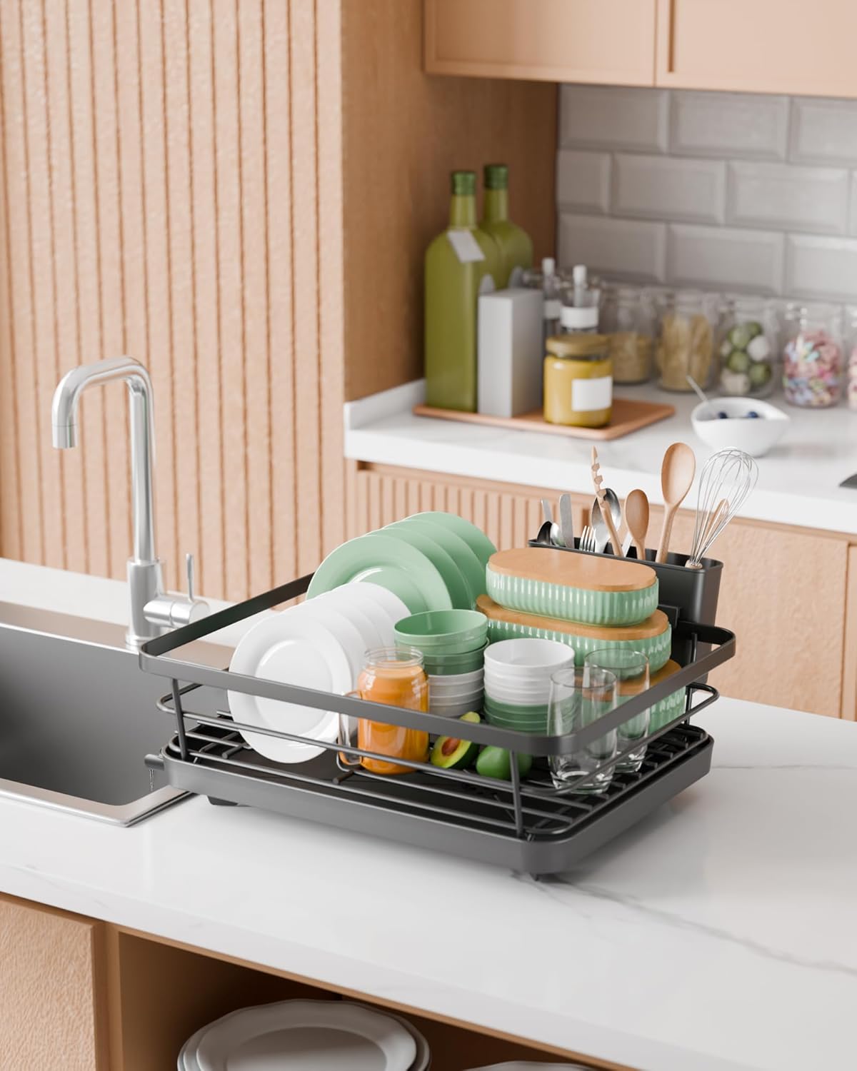Dish Drying Rack for Kitchen Counter with Removable Drip Tray, Utensil Holder & Cutlery Organiser - Black - Home & Garden > Kitchenware > Dish Racks - Rivercity House & Home Co. (ABN 18 642 972 209) - Affordable Modern Furniture Australia