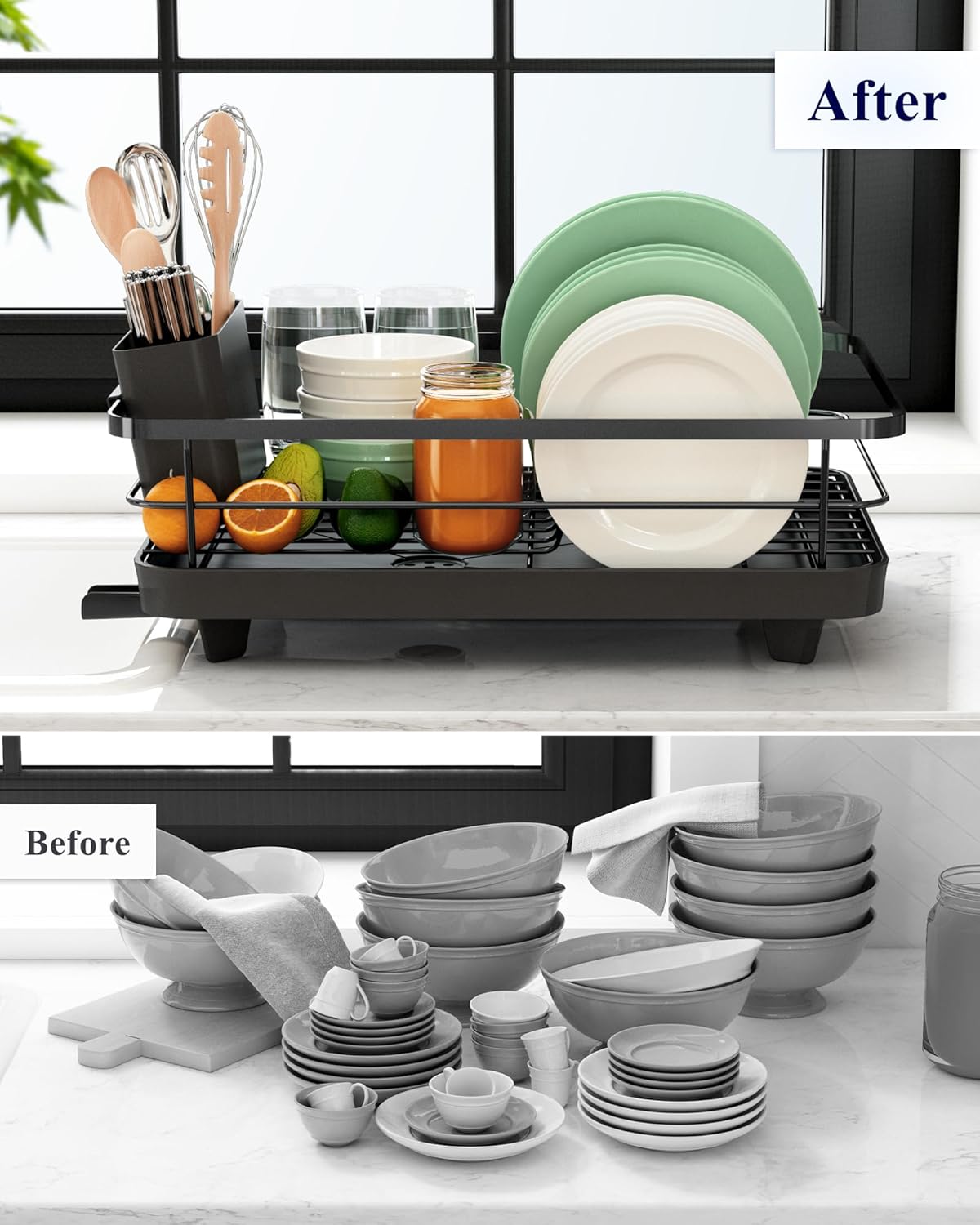 Dish Drying Rack for Kitchen Counter with Removable Drip Tray, Utensil Holder & Cutlery Organiser - Black - Home & Garden > Kitchenware > Dish Racks - Rivercity House & Home Co. (ABN 18 642 972 209) - Affordable Modern Furniture Australia