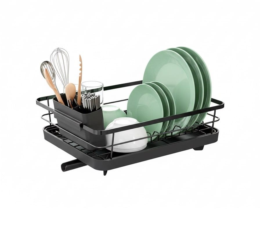 Dish Drying Rack for Kitchen Counter with Removable Drip Tray, Utensil Holder & Cutlery Organiser - Black - Home & Garden > Kitchenware > Dish Racks - Rivercity House & Home Co. (ABN 18 642 972 209) - Affordable Modern Furniture Australia