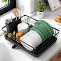 Dish Drying Rack for Kitchen Counter with Removable Drip Tray, Utensil Holder & Cutlery Organiser - Black