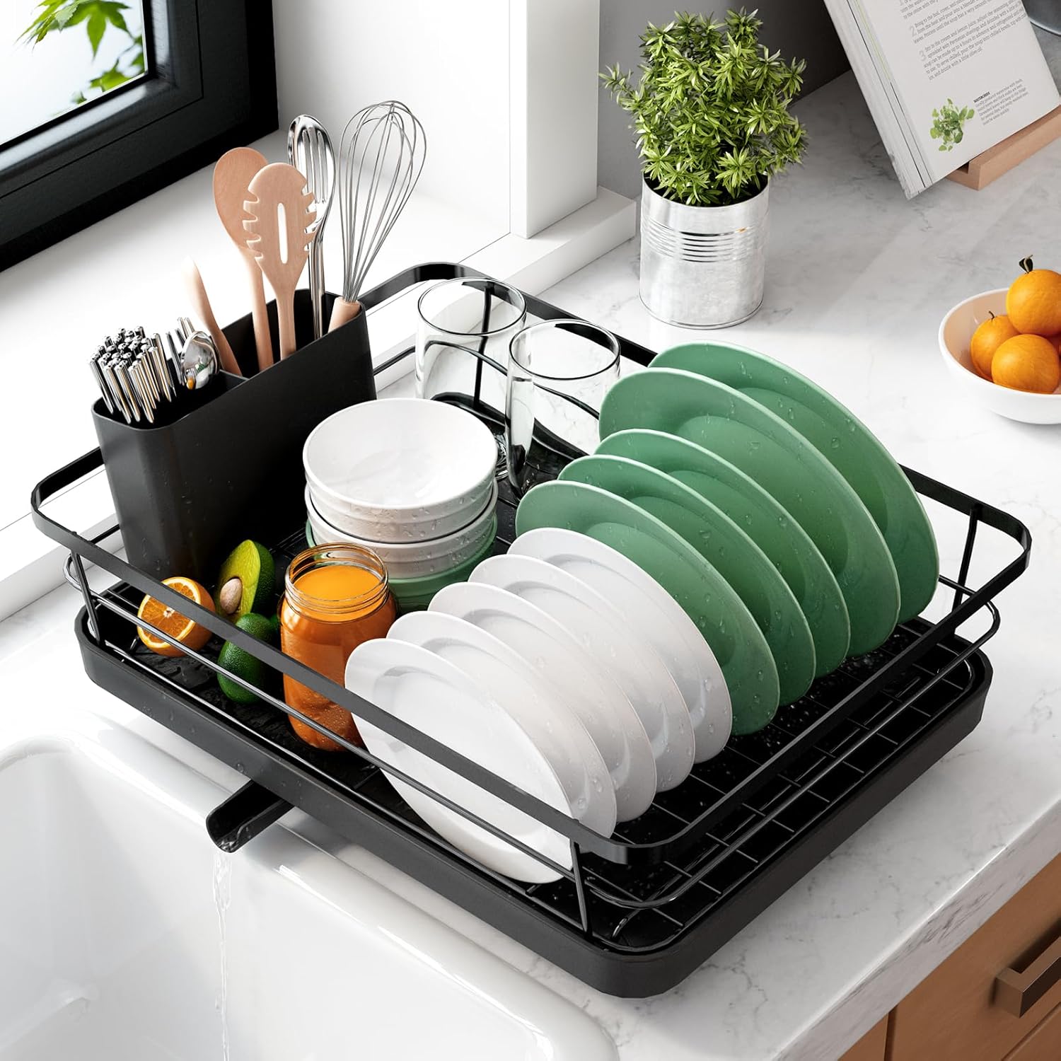 Dish Drying Rack for Kitchen Counter with Removable Drip Tray, Utensil Holder & Cutlery Organiser - Black - Home & Garden > Kitchenware > Dish Racks - Rivercity House & Home Co. (ABN 18 642 972 209) - Affordable Modern Furniture Australia