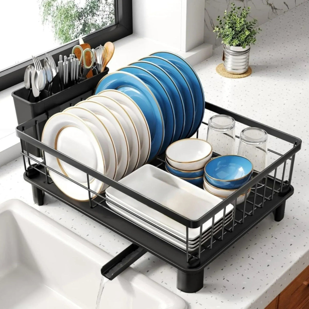 Dish Drying Rack with Drainboard and Utensil Holder for Kitchen - Black - Home & Garden > Kitchenware > Dish Racks - Rivercity House & Home Co. (ABN 18 642 972 209) - Affordable Modern Furniture Australia