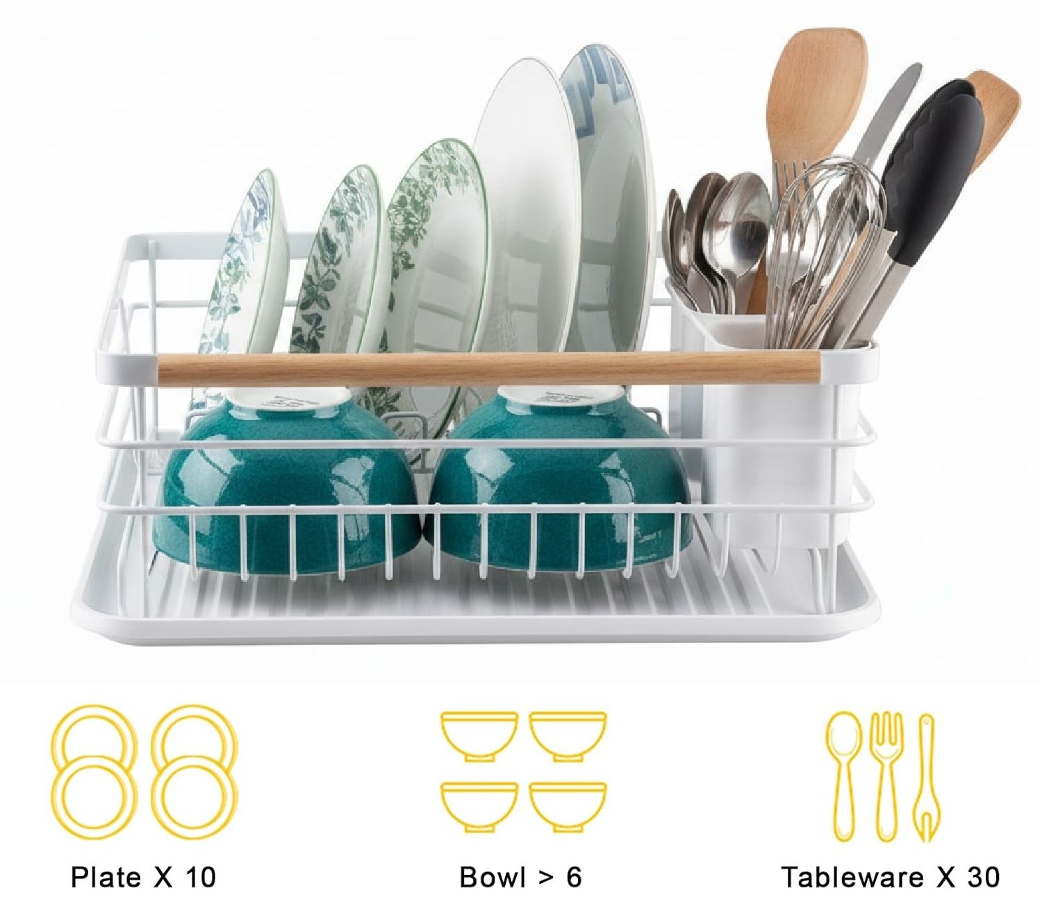 Dish Drying Rack with Wooden Handles, Removable Cutlery Holder & Drainboard for Kitchen Countertop - Stainless Steel - Home & Garden > Kitchenware > Dish Racks - Rivercity House & Home Co. (ABN 18 642 972 209) - Affordable Modern Furniture Australia