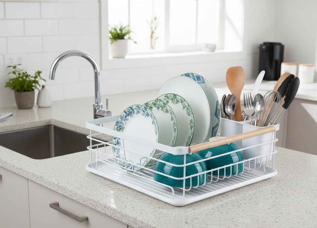 Dish Drying Rack with Wooden Handles, Removable Cutlery Holder & Drainboard for Kitchen Countertop - Stainless Steel - Home & Garden > Kitchenware > Dish Racks - Rivercity House & Home Co. (ABN 18 642 972 209) - Affordable Modern Furniture Australia