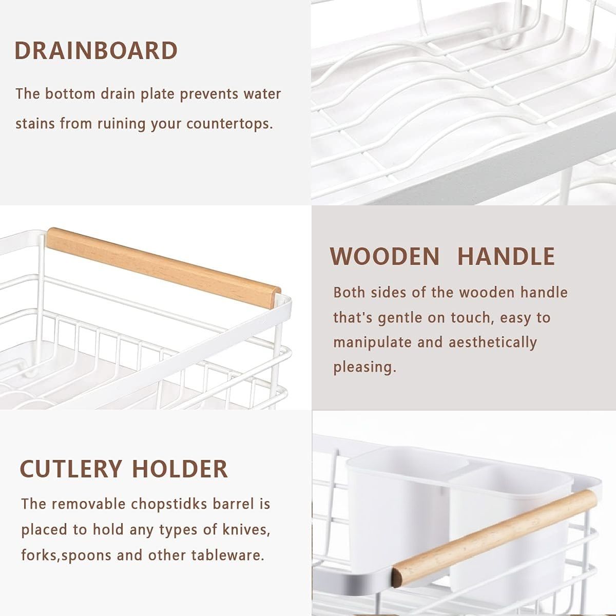 Dish Drying Rack with Wooden Handles, Removable Cutlery Holder & Drainboard for Kitchen Countertop - Stainless Steel - Home & Garden > Kitchenware > Dish Racks - Rivercity House & Home Co. (ABN 18 642 972 209) - Affordable Modern Furniture Australia
