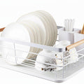 Dish Drying Rack with Wooden Handles, Removable Cutlery Holder & Drainboard for Kitchen Countertop - Stainless Steel