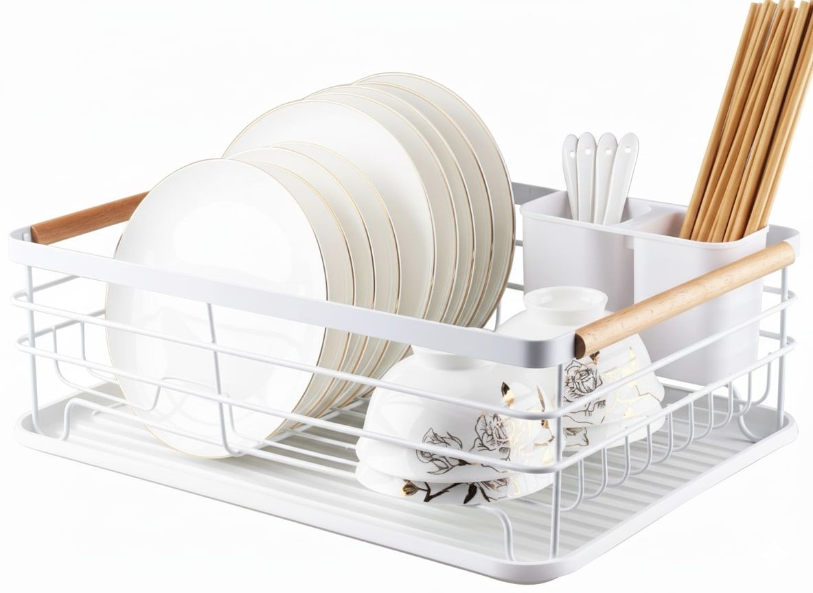 Dish Drying Rack with Wooden Handles, Removable Cutlery Holder & Drainboard for Kitchen Countertop - Stainless Steel - Home & Garden > Kitchenware > Dish Racks - Rivercity House & Home Co. (ABN 18 642 972 209) - Affordable Modern Furniture Australia