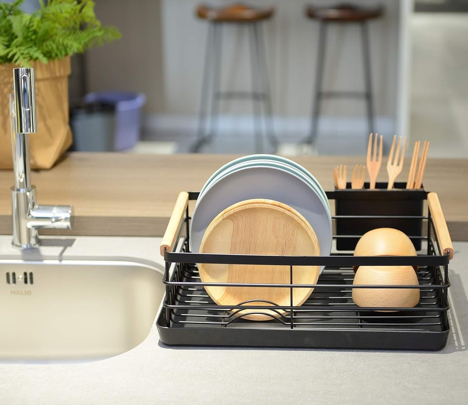 Dish Drying Rack with Wooden Handles, Removable Cutlery Holder & Drainboard - Natural Wood & Stainless Steel - Home & Garden > Kitchenware > Dish Racks - Rivercity House & Home Co. (ABN 18 642 972 209) - Affordable Modern Furniture Australia