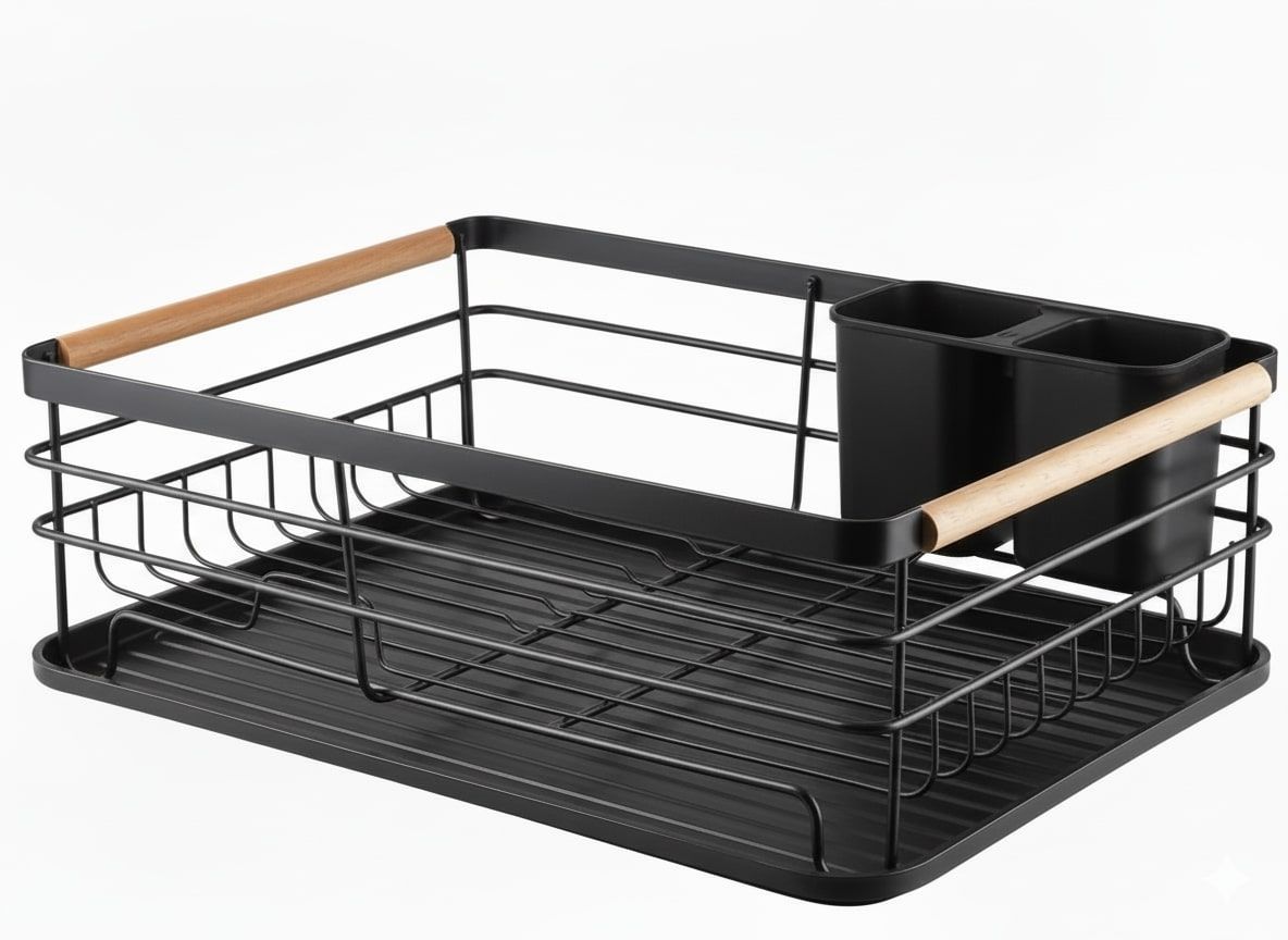 Dish Drying Rack with Wooden Handles, Removable Cutlery Holder & Drainboard - Natural Wood & Stainless Steel - Home & Garden > Kitchenware > Dish Racks - Rivercity House & Home Co. (ABN 18 642 972 209) - Affordable Modern Furniture Australia