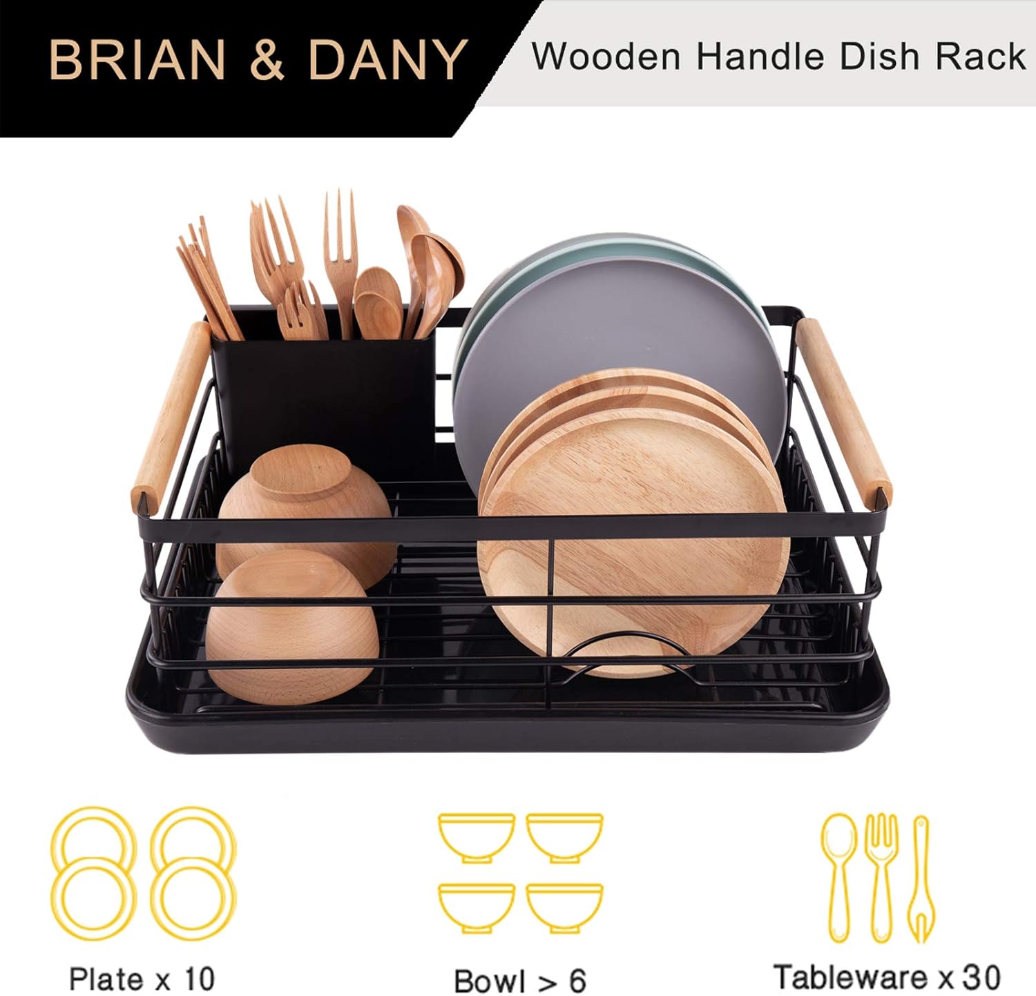 Dish Drying Rack with Wooden Handles, Removable Cutlery Holder & Drainboard - Natural Wood & Stainless Steel - Home & Garden > Kitchenware > Dish Racks - Rivercity House & Home Co. (ABN 18 642 972 209) - Affordable Modern Furniture Australia
