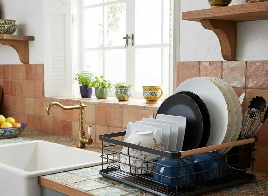 Dish Drying Rack with Wooden Handles, Removable Cutlery Holder & Drainboard - Natural Wood & Stainless Steel - Home & Garden > Kitchenware > Dish Racks - Rivercity House & Home Co. (ABN 18 642 972 209) - Affordable Modern Furniture Australia