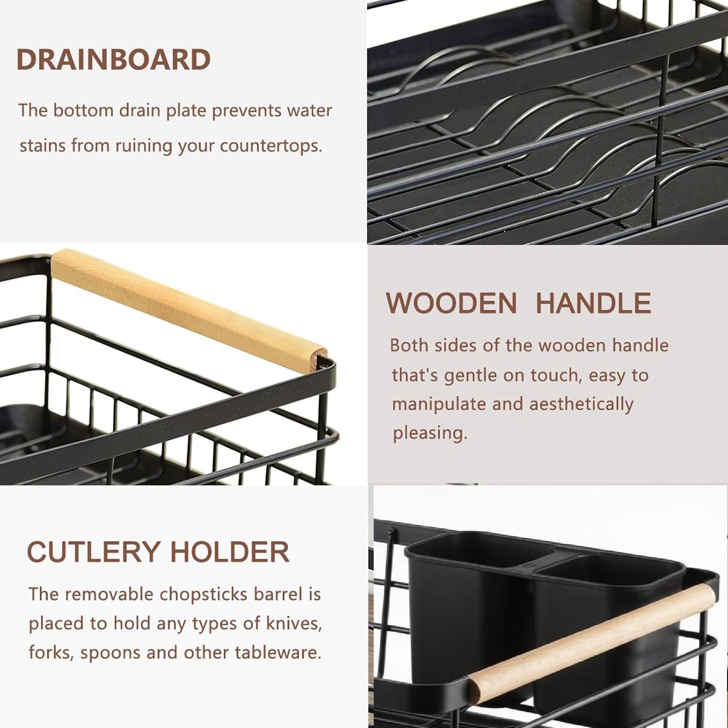 Dish Drying Rack with Wooden Handles, Removable Cutlery Holder & Drainboard - Natural Wood & Stainless Steel - Home & Garden > Kitchenware > Dish Racks - Rivercity House & Home Co. (ABN 18 642 972 209) - Affordable Modern Furniture Australia