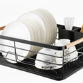 Dish Drying Rack with Wooden Handles, Removable Cutlery Holder & Drainboard - Natural Wood & Stainless Steel