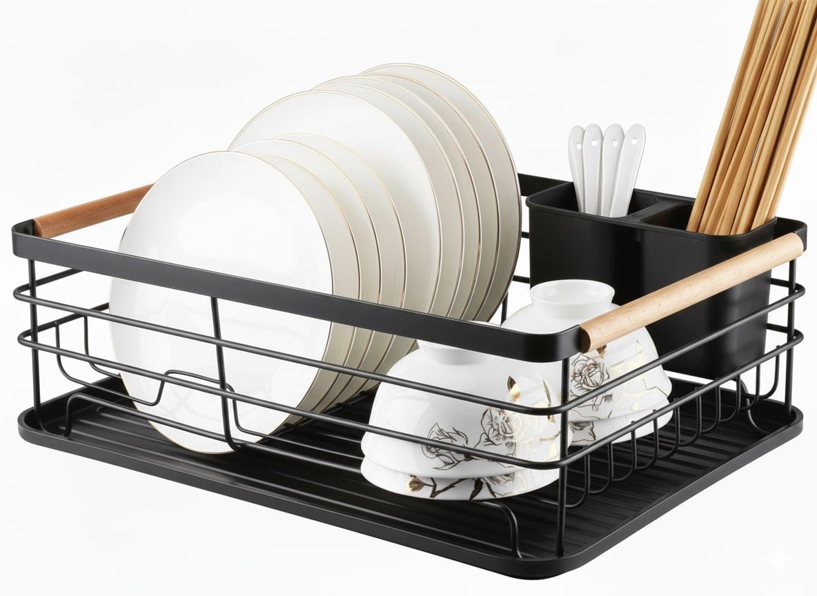 Dish Drying Rack with Wooden Handles, Removable Cutlery Holder & Drainboard - Natural Wood & Stainless Steel - Home & Garden > Kitchenware > Dish Racks - Rivercity House & Home Co. (ABN 18 642 972 209) - Affordable Modern Furniture Australia