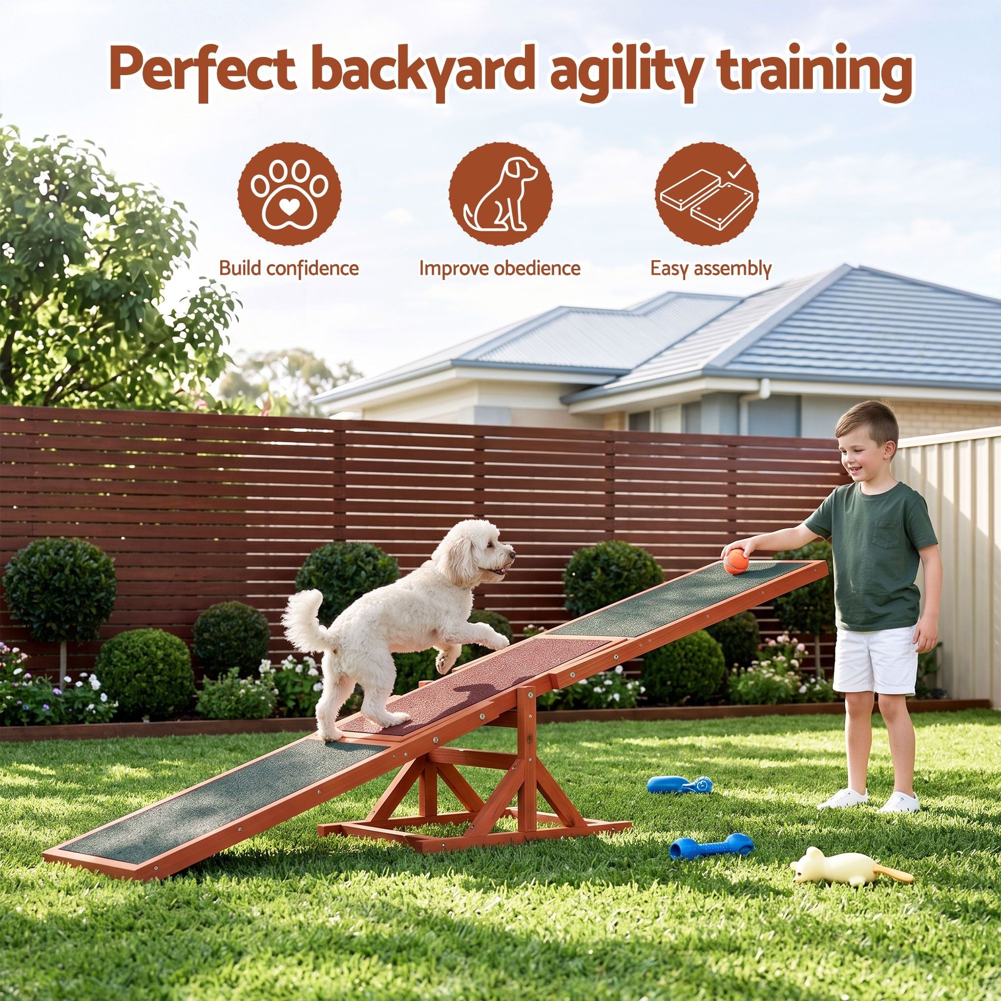 Dog Agility Seesaw 180cm for Obedience Training and Outdoor Play - Brown - Pet Care > Dog Supplies > Dog Training Aids - Rivercity House & Home Co. (ABN 18 642 972 209) - Affordable Modern Furniture Australia