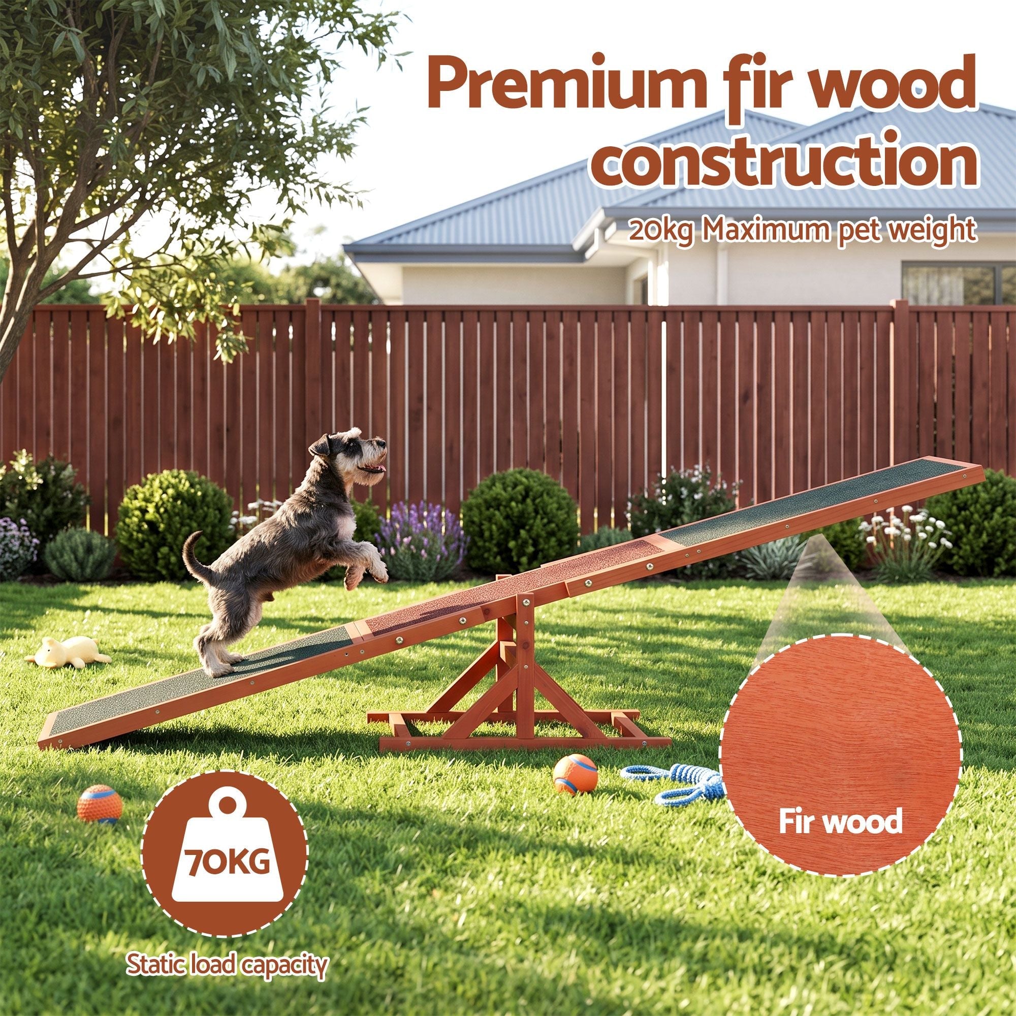 Dog Agility Seesaw 180cm for Obedience Training and Outdoor Play - Brown - Pet Care > Dog Supplies > Dog Training Aids - Rivercity House & Home Co. (ABN 18 642 972 209) - Affordable Modern Furniture Australia