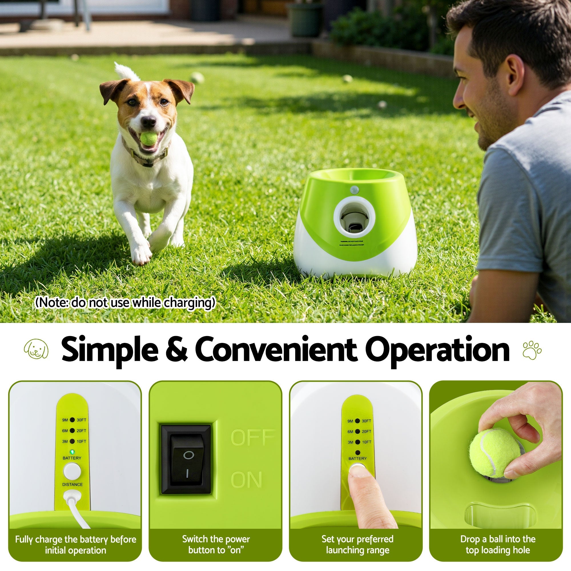 Dog Ball Launcher with 6 Balls and Adjustable 3/6/9m Distances - Green - Pet Care > Toys > Dog Toys - Rivercity House & Home Co. (ABN 18 642 972 209) - Affordable Modern Furniture Australia