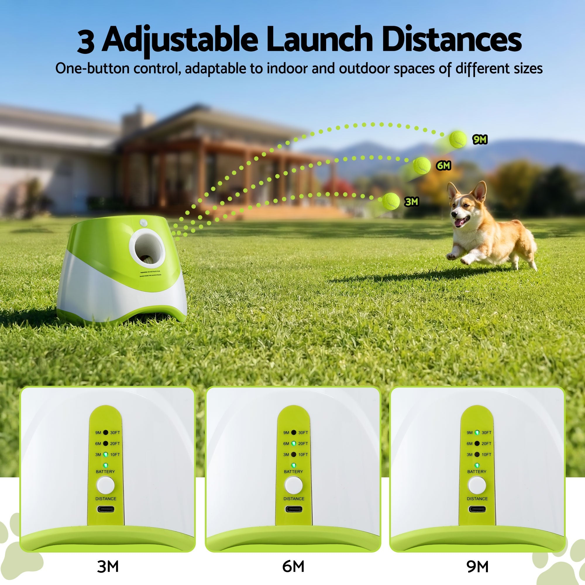 Dog Ball Launcher with 6 Balls and Adjustable 3/6/9m Distances - Green - Pet Care > Toys > Dog Toys - Rivercity House & Home Co. (ABN 18 642 972 209) - Affordable Modern Furniture Australia