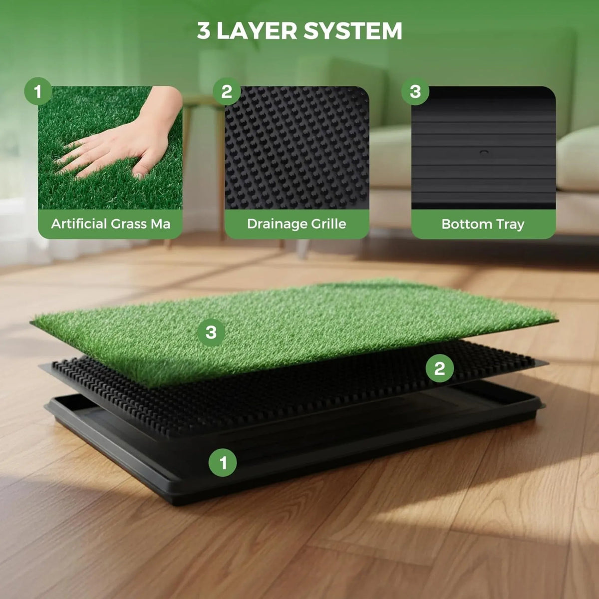 Dog Grass Pad with Tray 3-Layer Drainage System for Puppy Potty - Green - Pet Care > Cat Supplies > Cat Furniture - Rivercity House & Home Co. (ABN 18 642 972 209) - Affordable Modern Furniture Australia