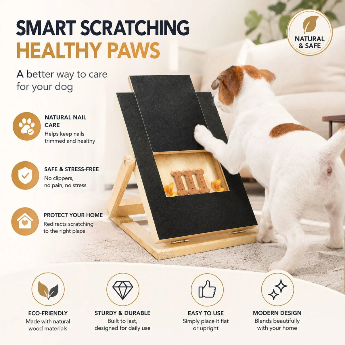 Dog Nail Scratch Board with Adjustable Height and Treat Drawer - Natural Wood - Pet Care > Cat Supplies > Cat Scratchers - Rivercity House & Home Co. (ABN 18 642 972 209) - Affordable Modern Furniture Australia