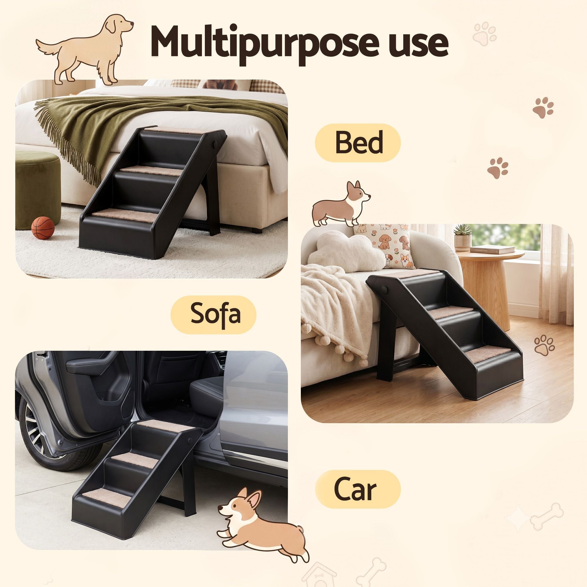 Dog Ramp 3-Step Foldable Pet Stairs for Bed Sofa Car Ladder - Black - Pet Care > Dog Supplies > Dog Steps & Ramps - Rivercity House & Home Co. (ABN 18 642 972 209) - Affordable Modern Furniture Australia