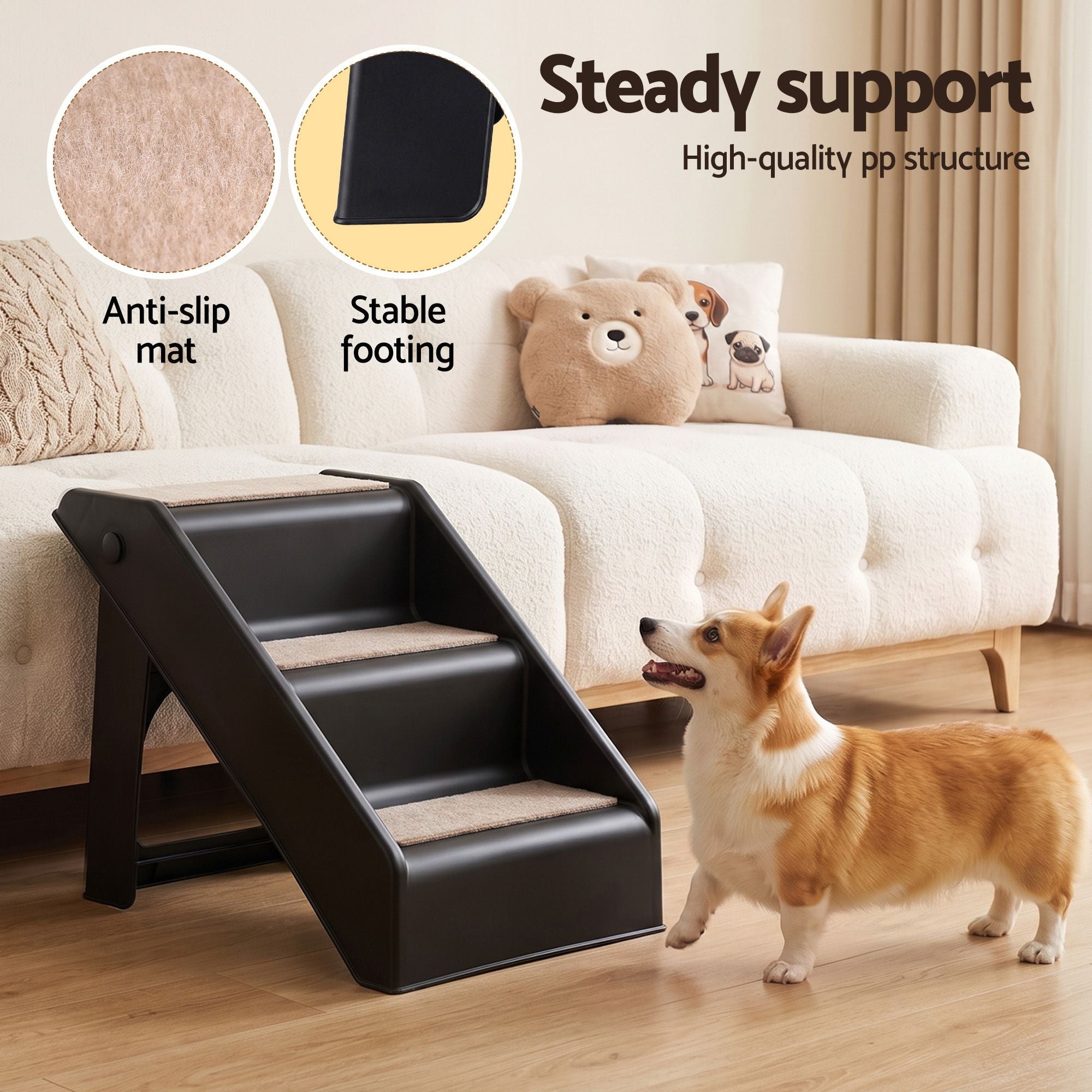 Dog Ramp 3-Step Foldable Pet Stairs for Bed Sofa Car Ladder - Black - Pet Care > Dog Supplies > Dog Steps & Ramps - Rivercity House & Home Co. (ABN 18 642 972 209) - Affordable Modern Furniture Australia