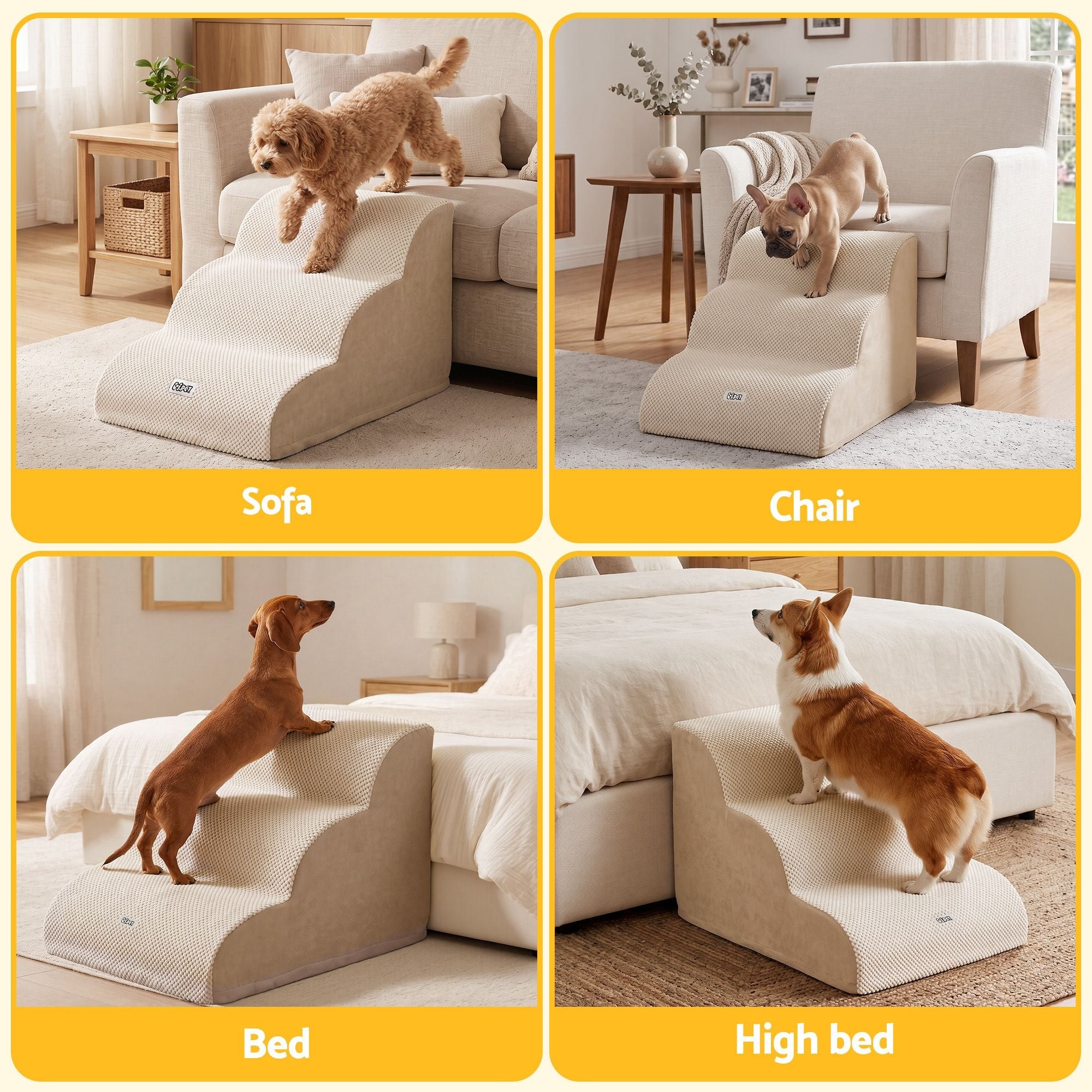 Dog Ramp 3 Tier Foam Steps with Washable Cover for Bed and Sofa - Beige - Pet Care > Dog Supplies > Dog Steps & Ramps - Rivercity House & Home Co. (ABN 18 642 972 209) - Affordable Modern Furniture Australia