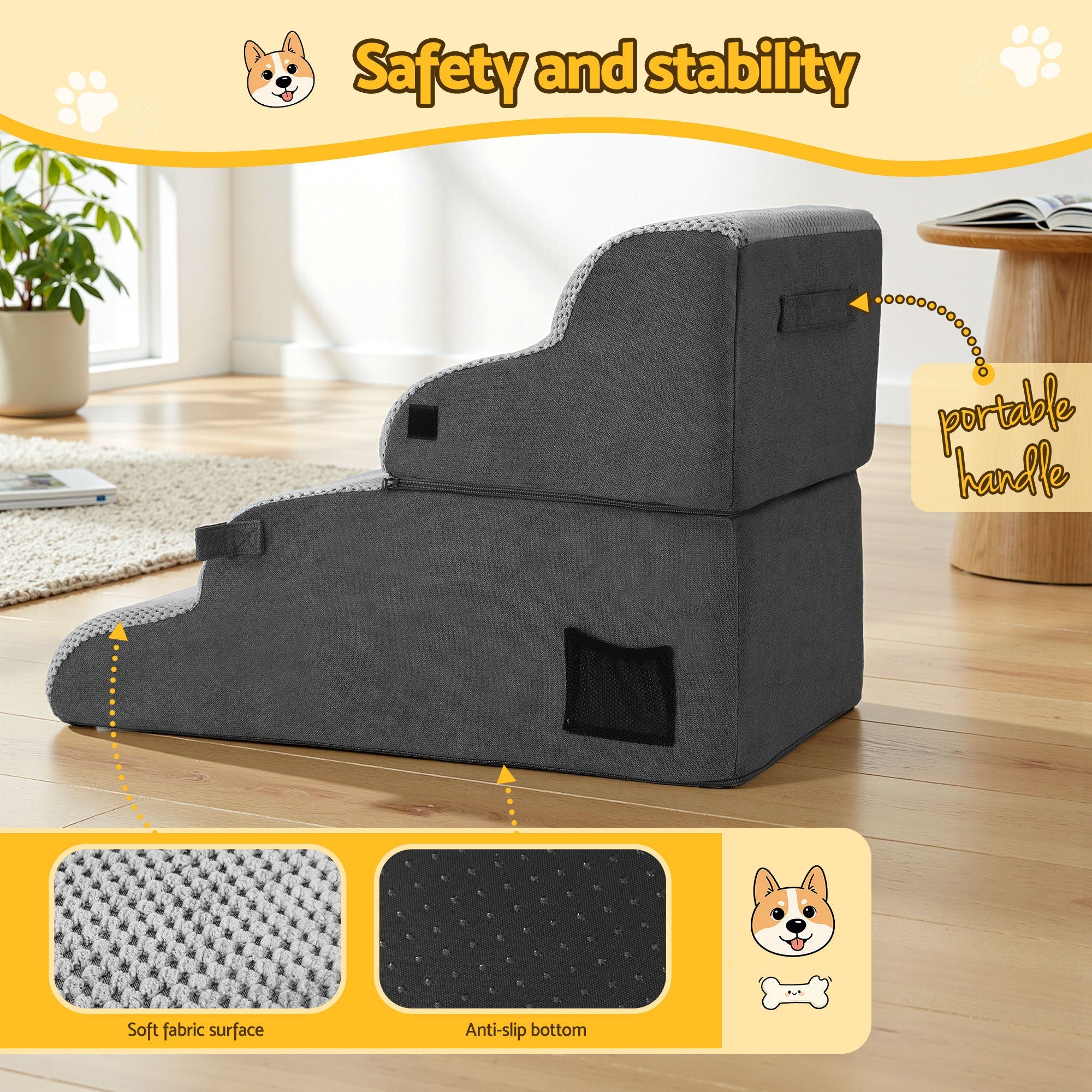 Dog Stairs and Bed 2 - in - 1 Sofa Car Foam Non - Slip Washable Pet Stairs Indoor Grey - Pet Care > Dog Supplies > Dog Steps & Ramps - Rivercity House & Home Co. (ABN 18 642 972 209) - Affordable Modern Furniture Australia