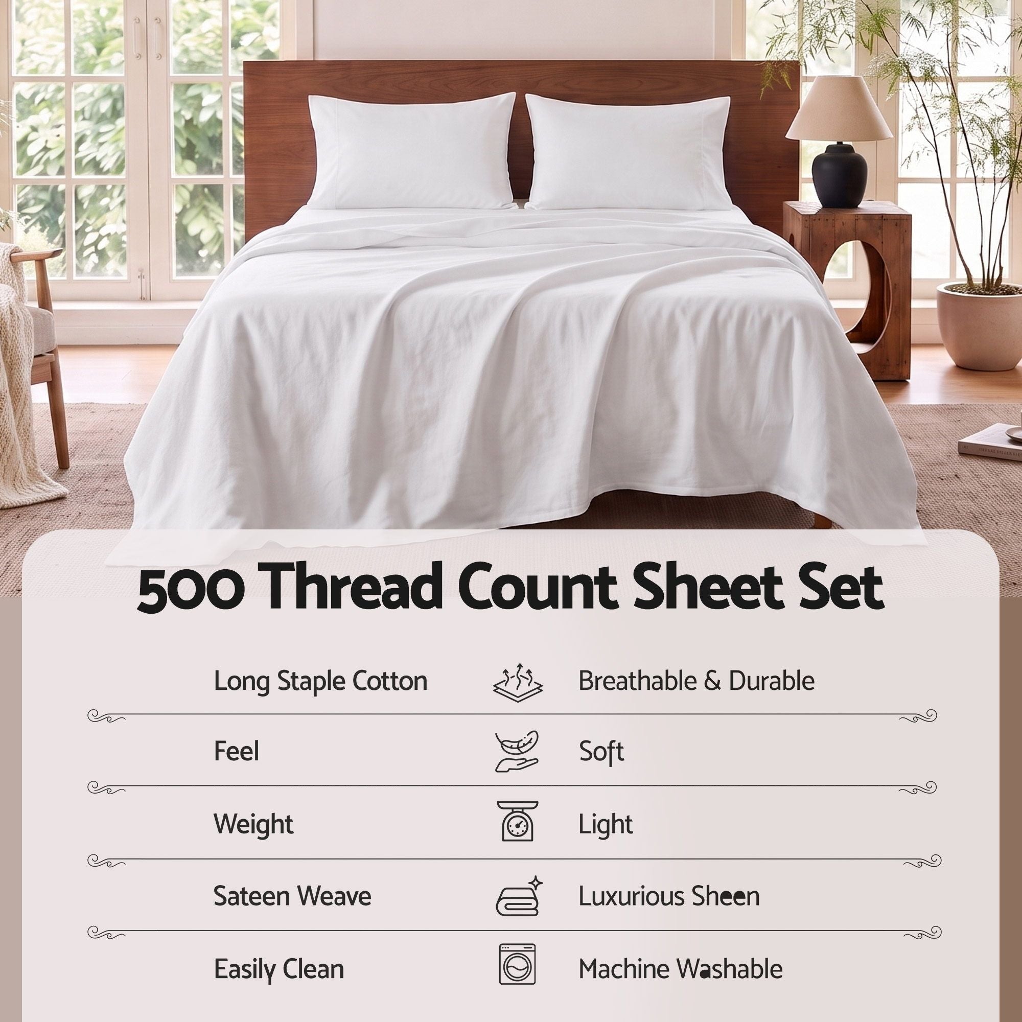 Double 500TC Cotton 4Pcs Sheet Set with 40cm Extra Deep Pocket for Thick Mattresses Sateen Weave for Sweaty Nights White - Home & Garden > Bedding > Bed Sheets - Rivercity House & Home Co. (ABN 18 642 972 209) - Affordable Modern Furniture Australia