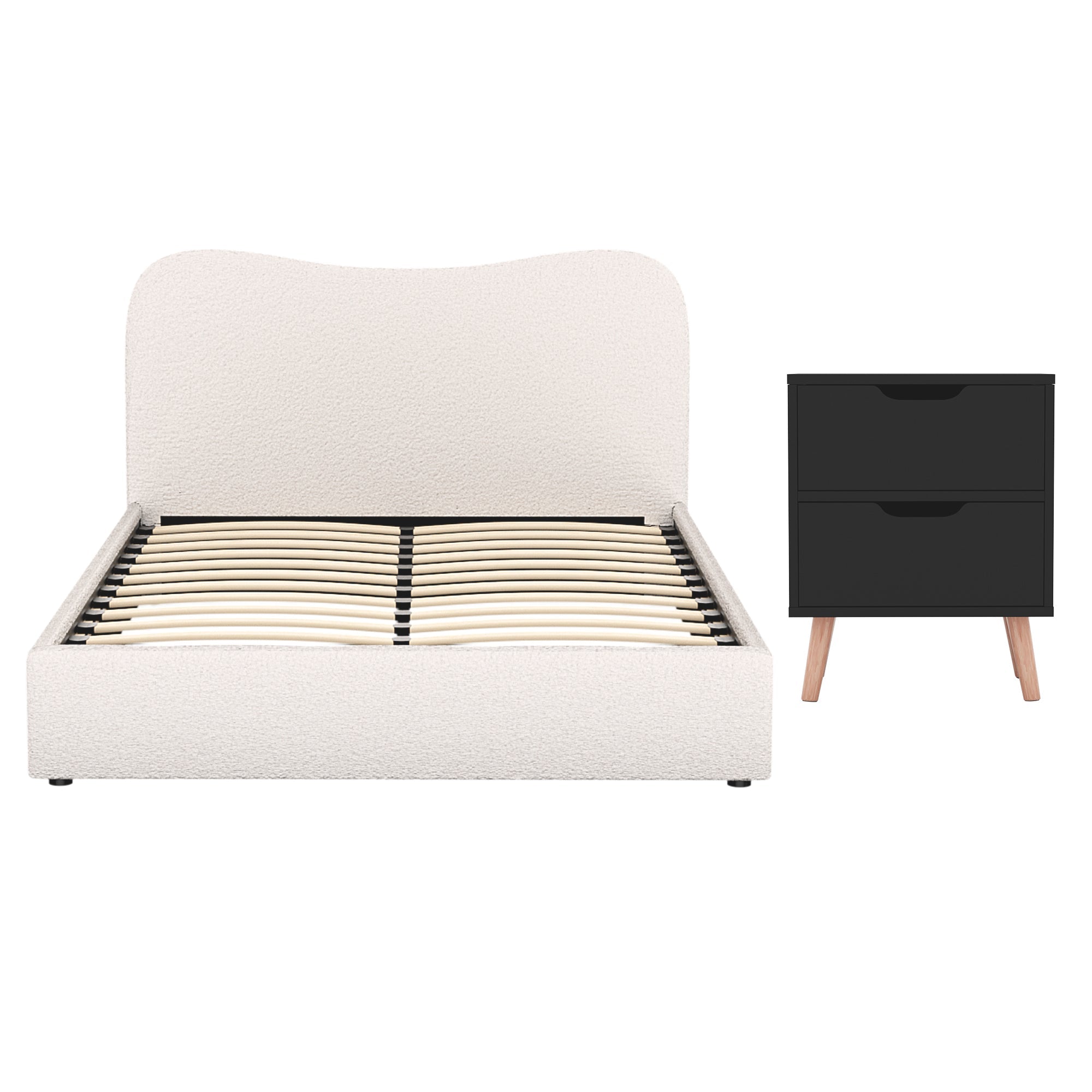 Double Bed Frame and Bedside Table Set Boucle Beige with Headboard Black Nightstand - Furniture > Bedroom > Beds & Bed Frames - Rivercity House & Home Co. (ABN 18 642 972 209) - Affordable Modern Furniture Australia
