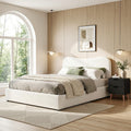 Double Bed Frame with Padded Boucle Headboard and Black Bedside Table - Beige & Black