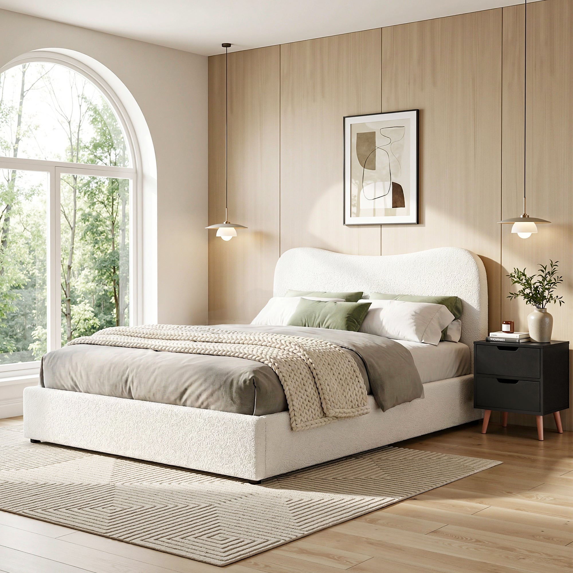 Double Bed Frame and Bedside Table Set Boucle Beige with Headboard Black Nightstand - Furniture > Bedroom > Beds & Bed Frames - Rivercity House & Home Co. (ABN 18 642 972 209) - Affordable Modern Furniture Australia