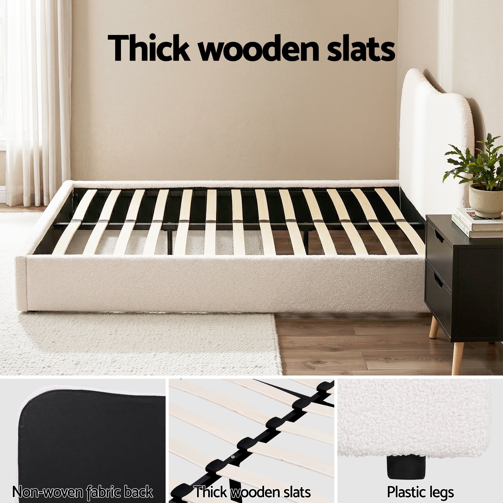 Double Bed Frame and Bedside Table Set Boucle Beige with Headboard Black Nightstand - Furniture > Bedroom > Beds & Bed Frames - Rivercity House & Home Co. (ABN 18 642 972 209) - Affordable Modern Furniture Australia