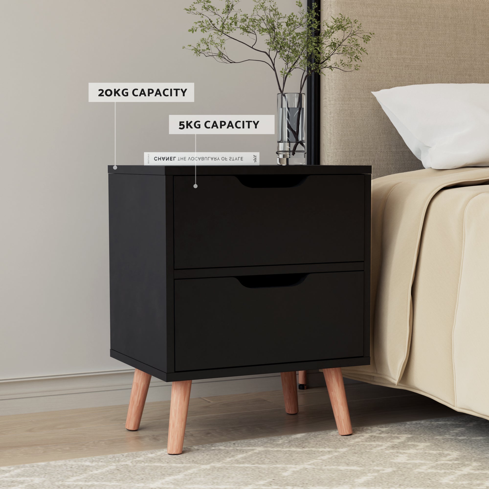 Double Bed Frame and Bedside Table Set Boucle Beige with Headboard Black Nightstand - Furniture > Bedroom > Beds & Bed Frames - Rivercity House & Home Co. (ABN 18 642 972 209) - Affordable Modern Furniture Australia