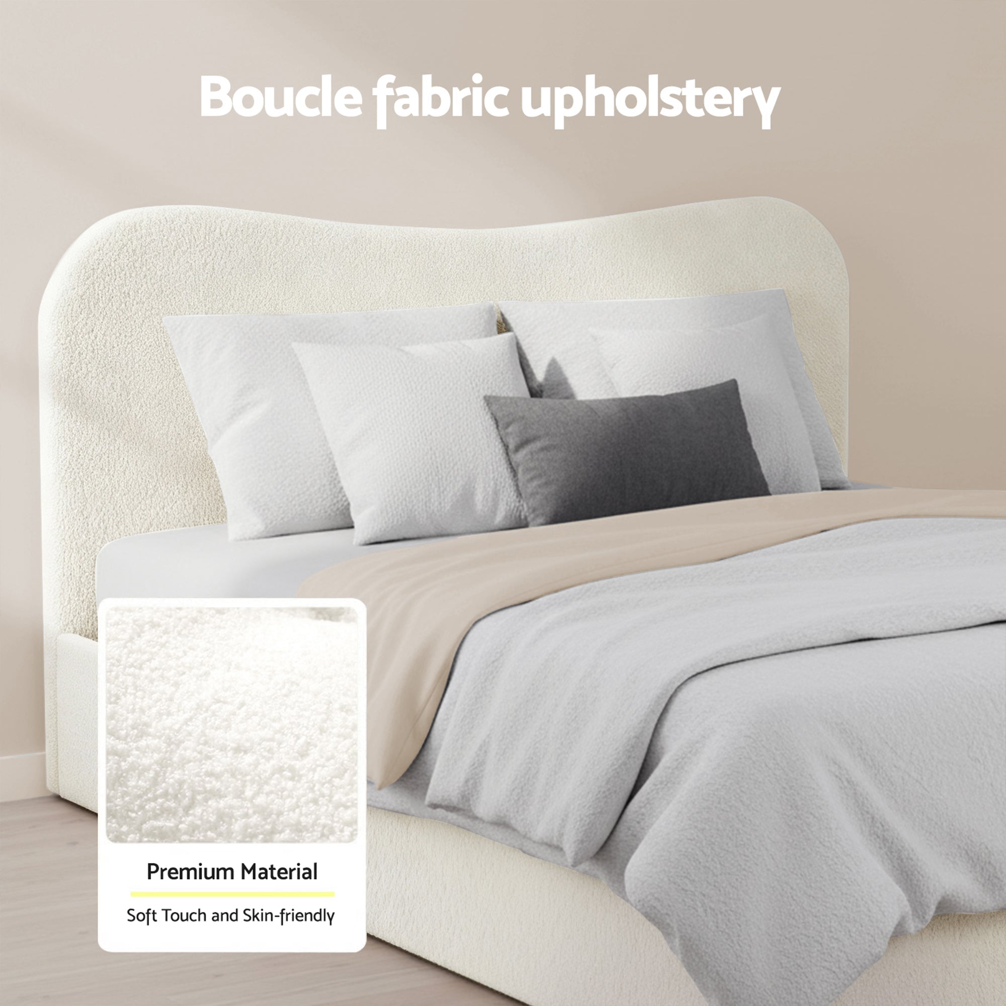 Double Bed Frame and Bedside Table Set Boucle Beige with Headboard Black Nightstand - Furniture > Bedroom > Beds & Bed Frames - Rivercity House & Home Co. (ABN 18 642 972 209) - Affordable Modern Furniture Australia