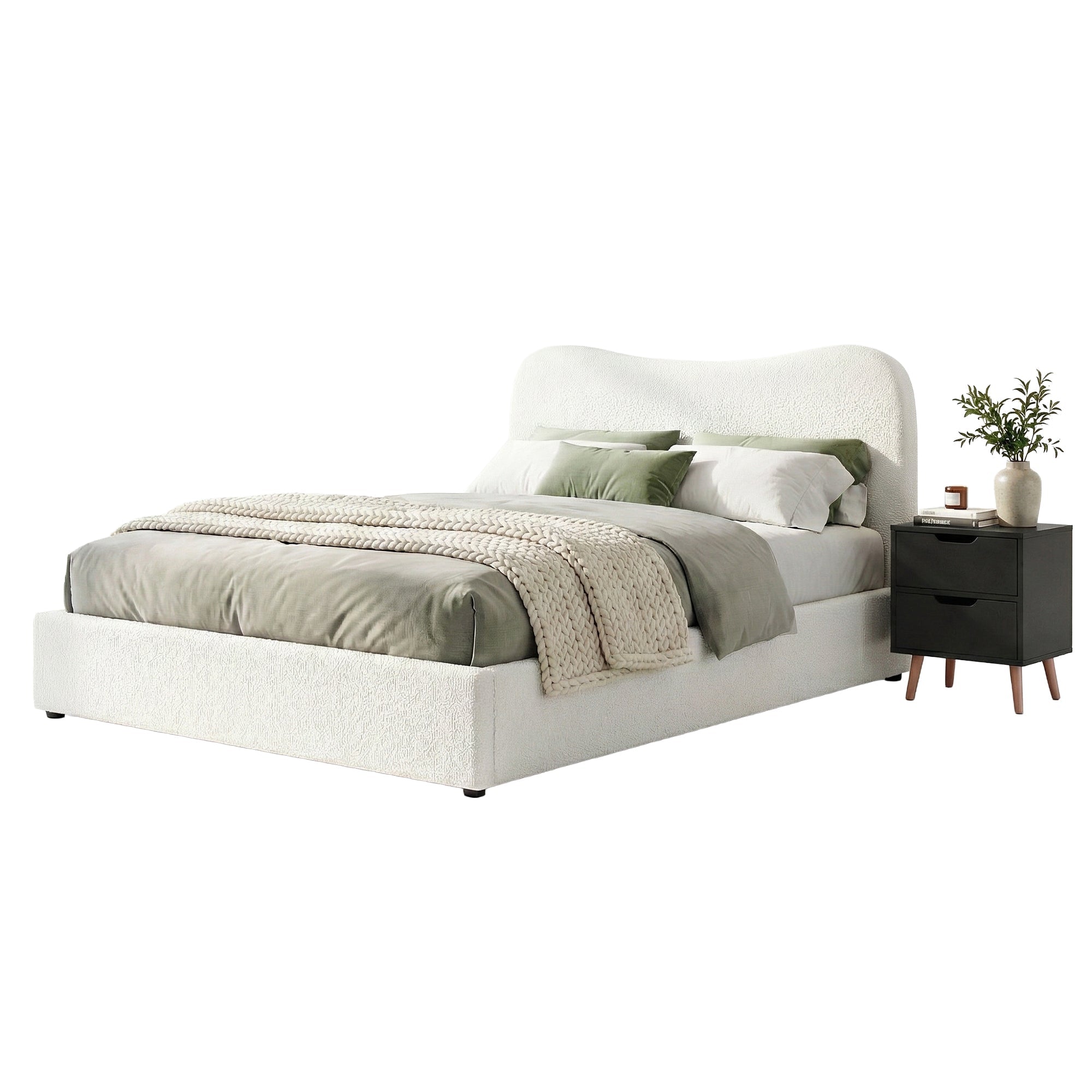 Double Bed Frame and Bedside Table Set Boucle Beige with Headboard Black Nightstand - Furniture > Bedroom > Beds & Bed Frames - Rivercity House & Home Co. (ABN 18 642 972 209) - Affordable Modern Furniture Australia