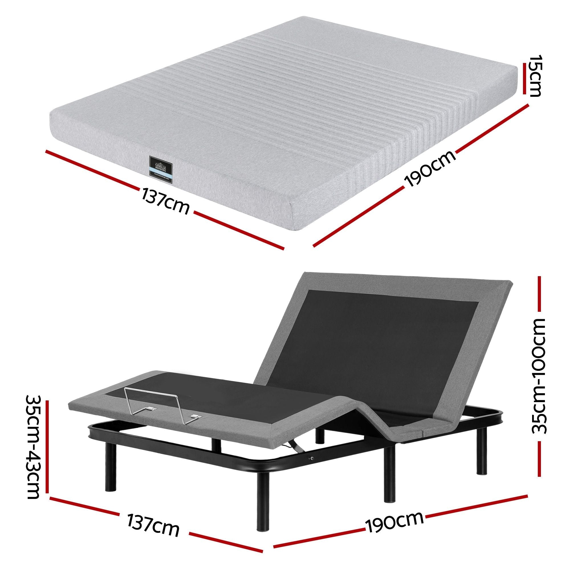 Double Bed Frame and Giselle Bedding Double Memory Foam Mattress Set, Electric Bed Base with Zero Gravity & 7 Zone Cooling Comfort for Back Pain Relief, Black & Grey,15cm Thickness - Furniture > Bedroom > Beds & Bed Frames - Rivercity House & Home Co. (ABN 18 642 972 209) - Affordable Modern Furniture Australia