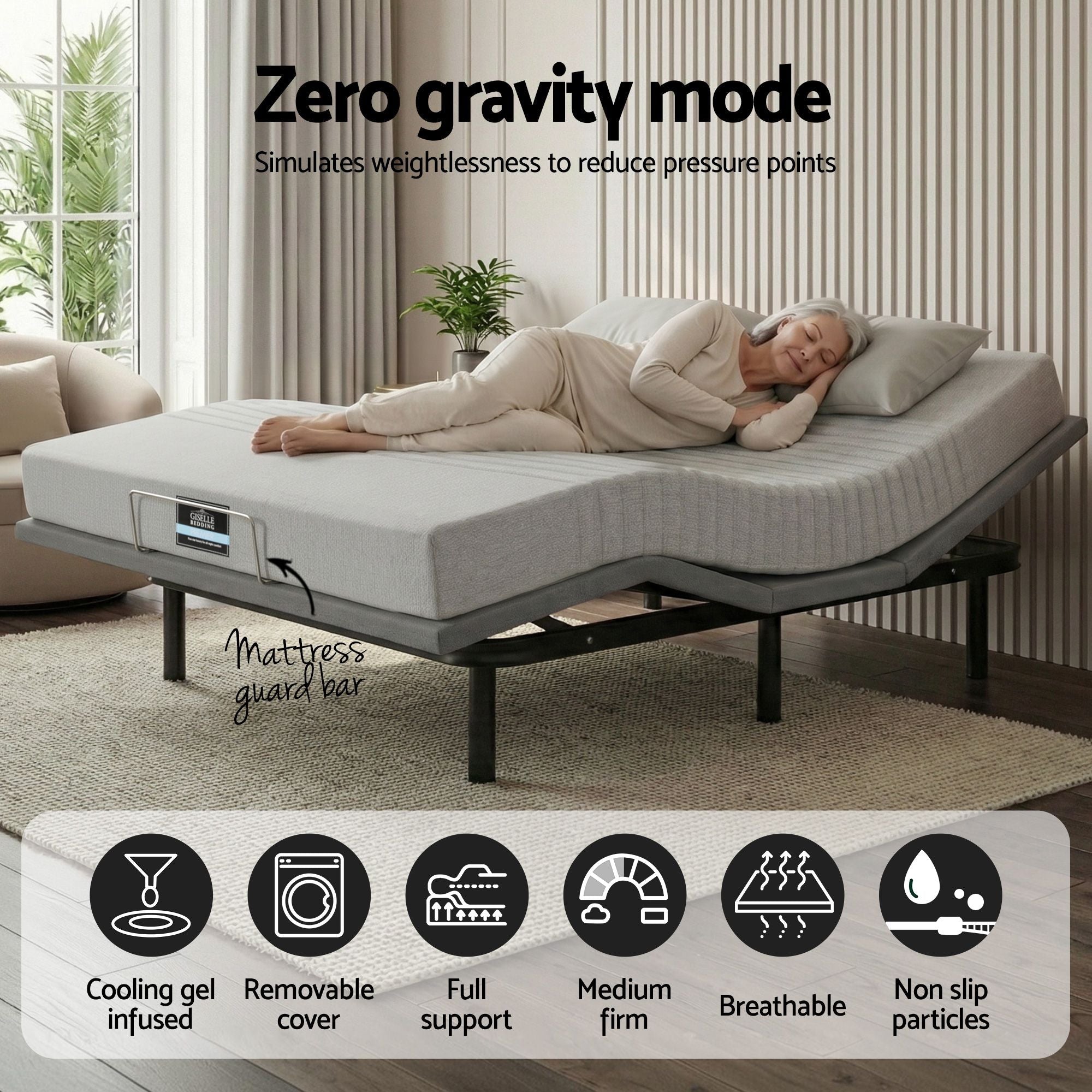 Double Bed Frame and Giselle Bedding Double Memory Foam Mattress Set, Electric Bed Base with Zero Gravity & 7 Zone Cooling Comfort for Back Pain Relief, Black & Grey,15cm Thickness - Furniture > Bedroom > Beds & Bed Frames - Rivercity House & Home Co. (ABN 18 642 972 209) - Affordable Modern Furniture Australia